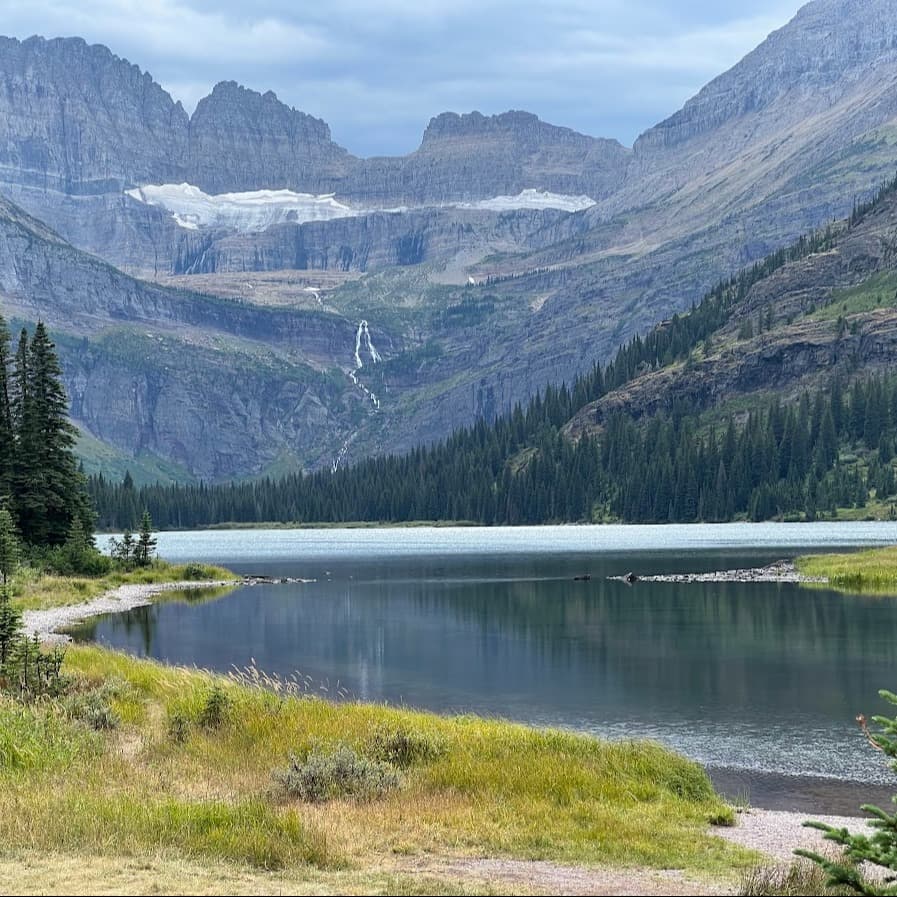 A serene view of a lake in Glacier National Park surrounded by mountains, green grass and trees.