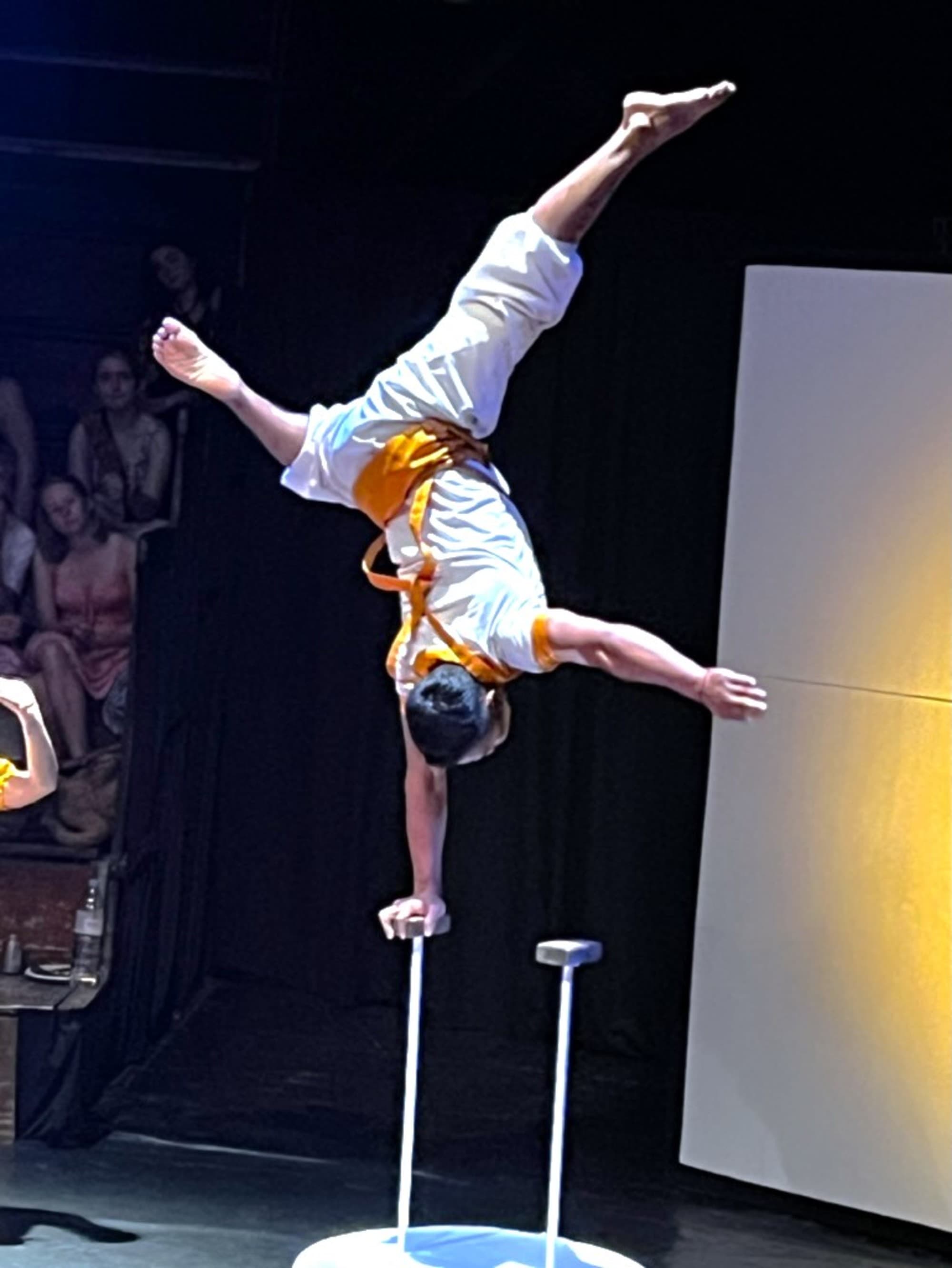 A daring performer executing a one-handed handstand atop a pole, illuminated against a dim backdrop.