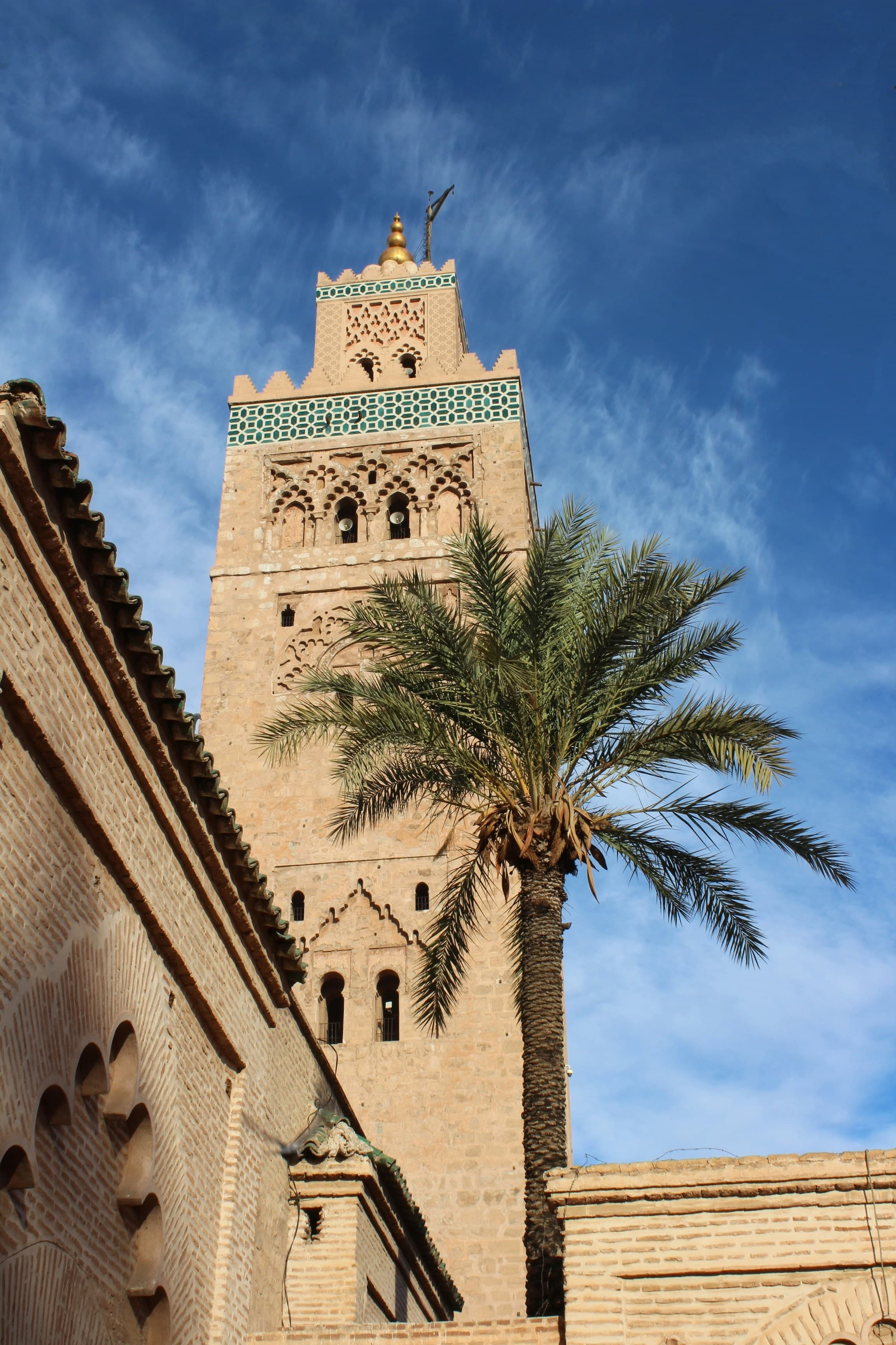 A view of a traditional Moroccan, stone building, with a palm tree in front of it on a sunny day.