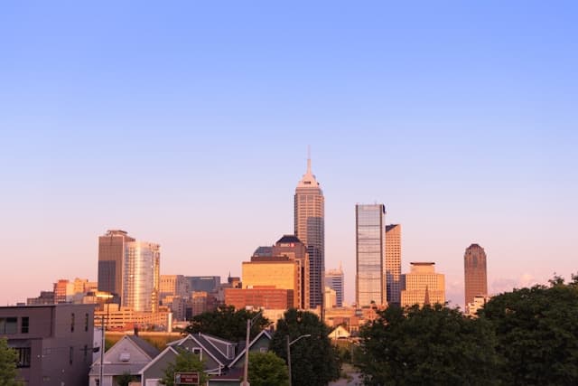 A city skyline during the sunset