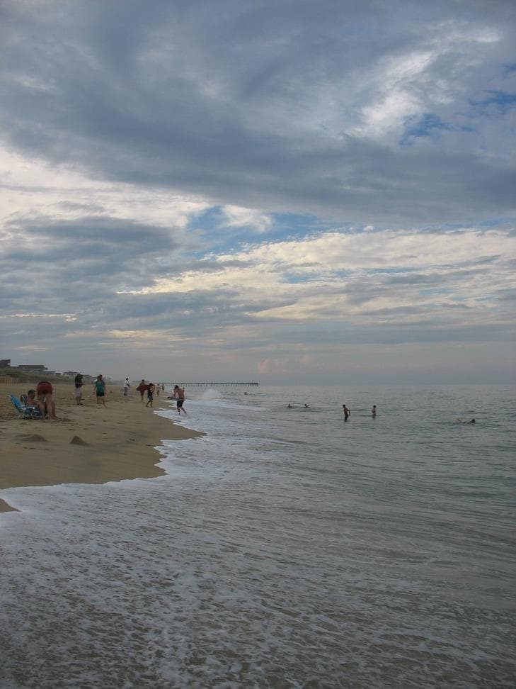 A long view of Outer Banks beach  with people swimming and walking and clouds ahead