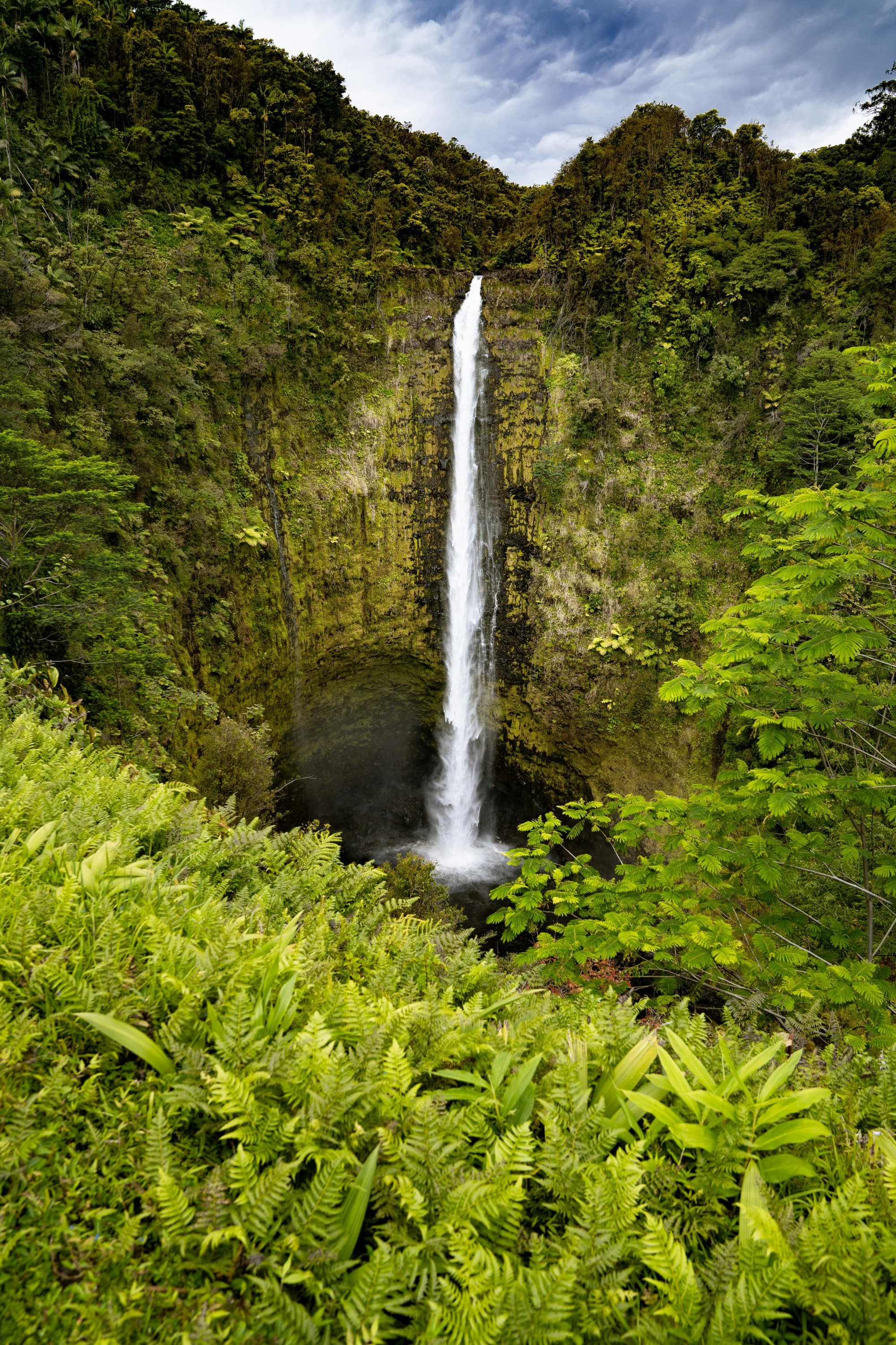 A waterfall with green hills and ferns surrounding it, near some of the Big Island restaurants.