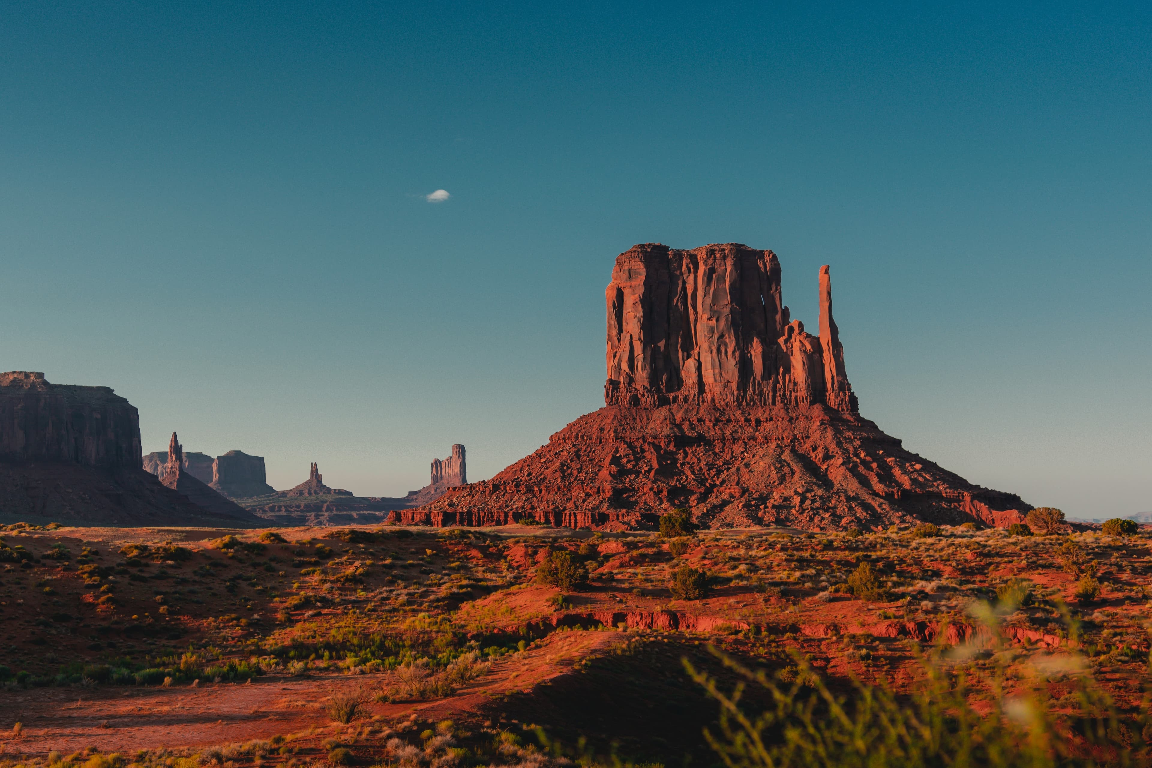 A rock mountain in the sunset.