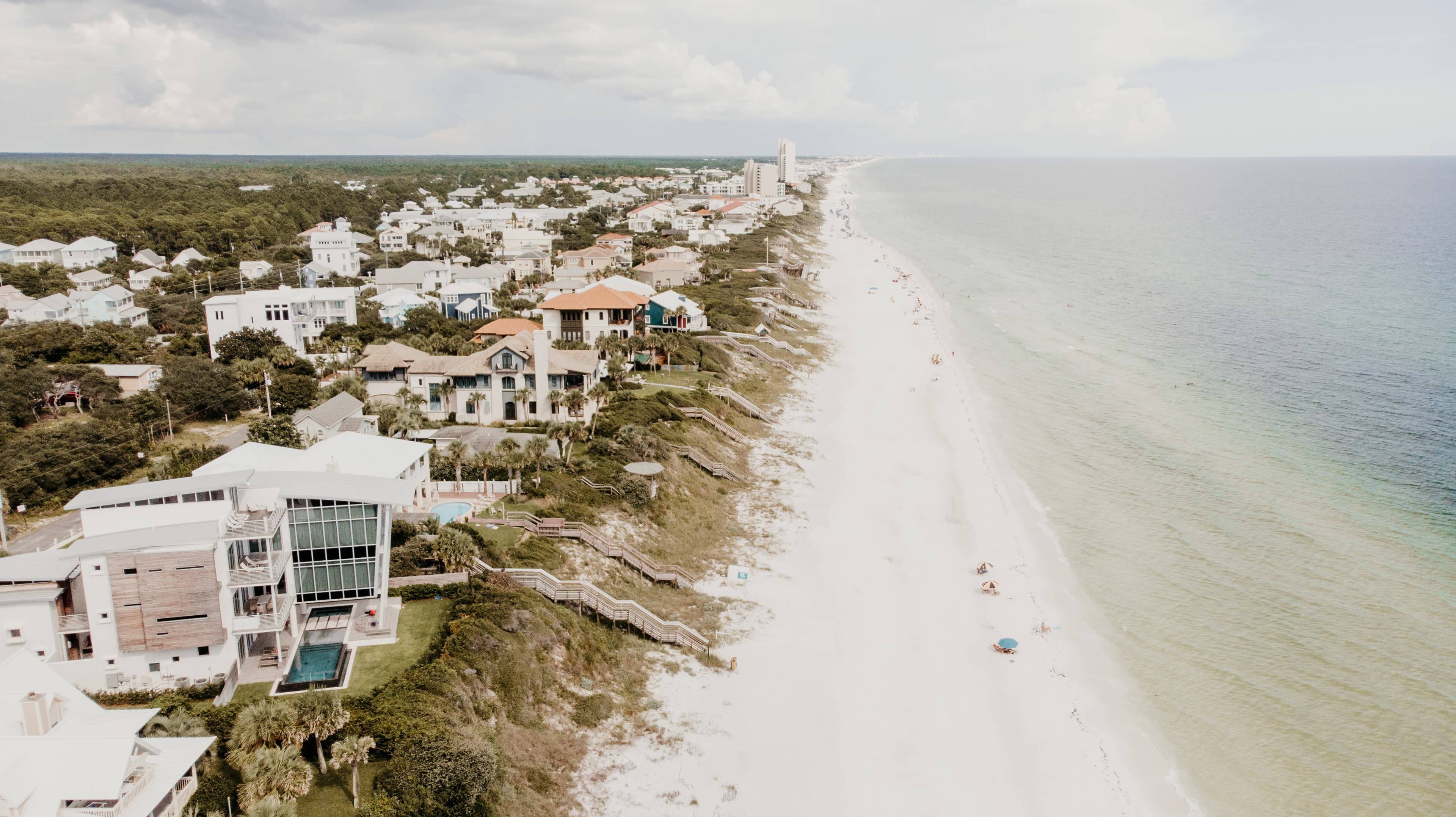 An aerial view of 30A showing Beach houses