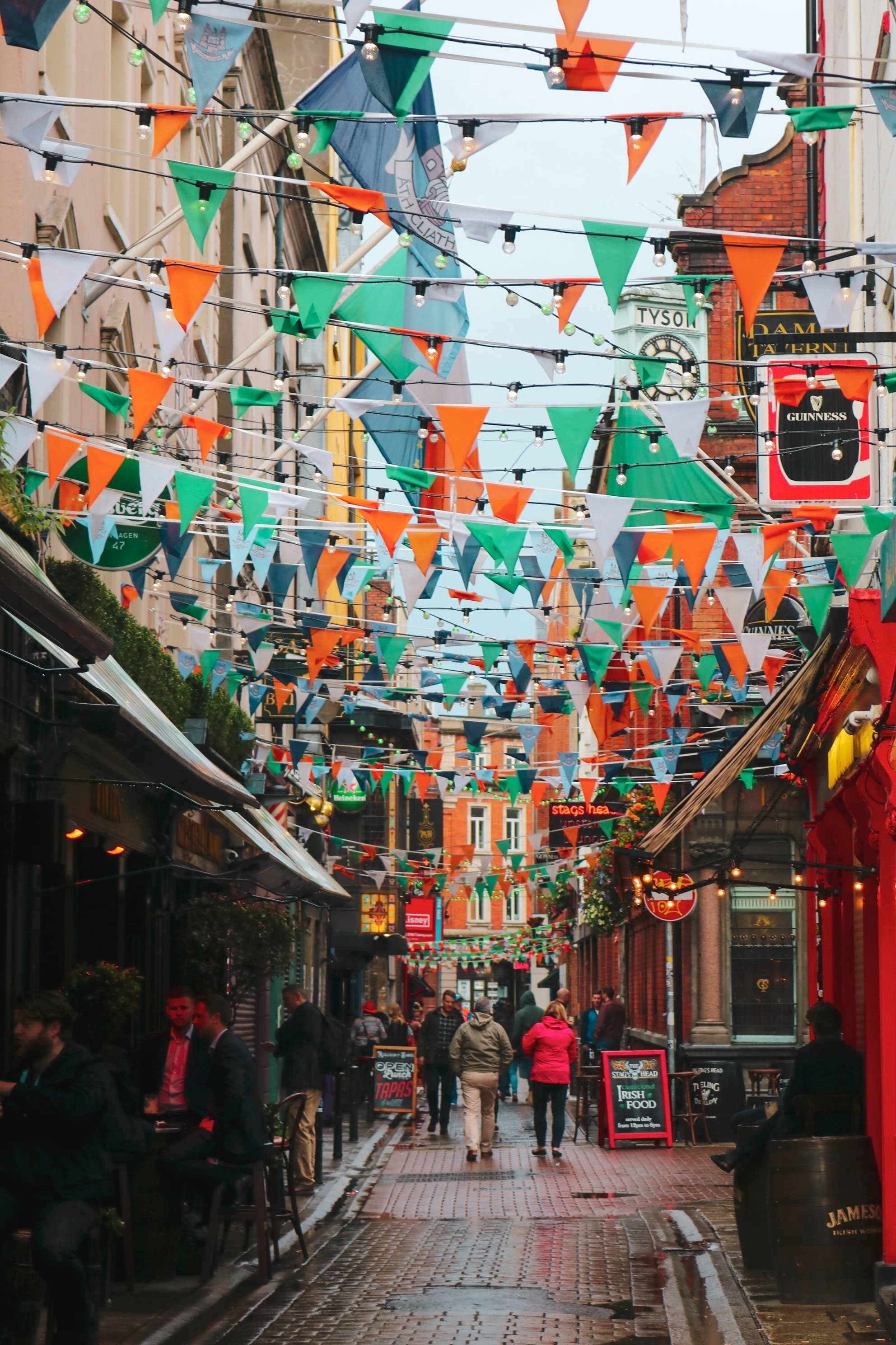 Dublin's triangle flags and busy pub street.