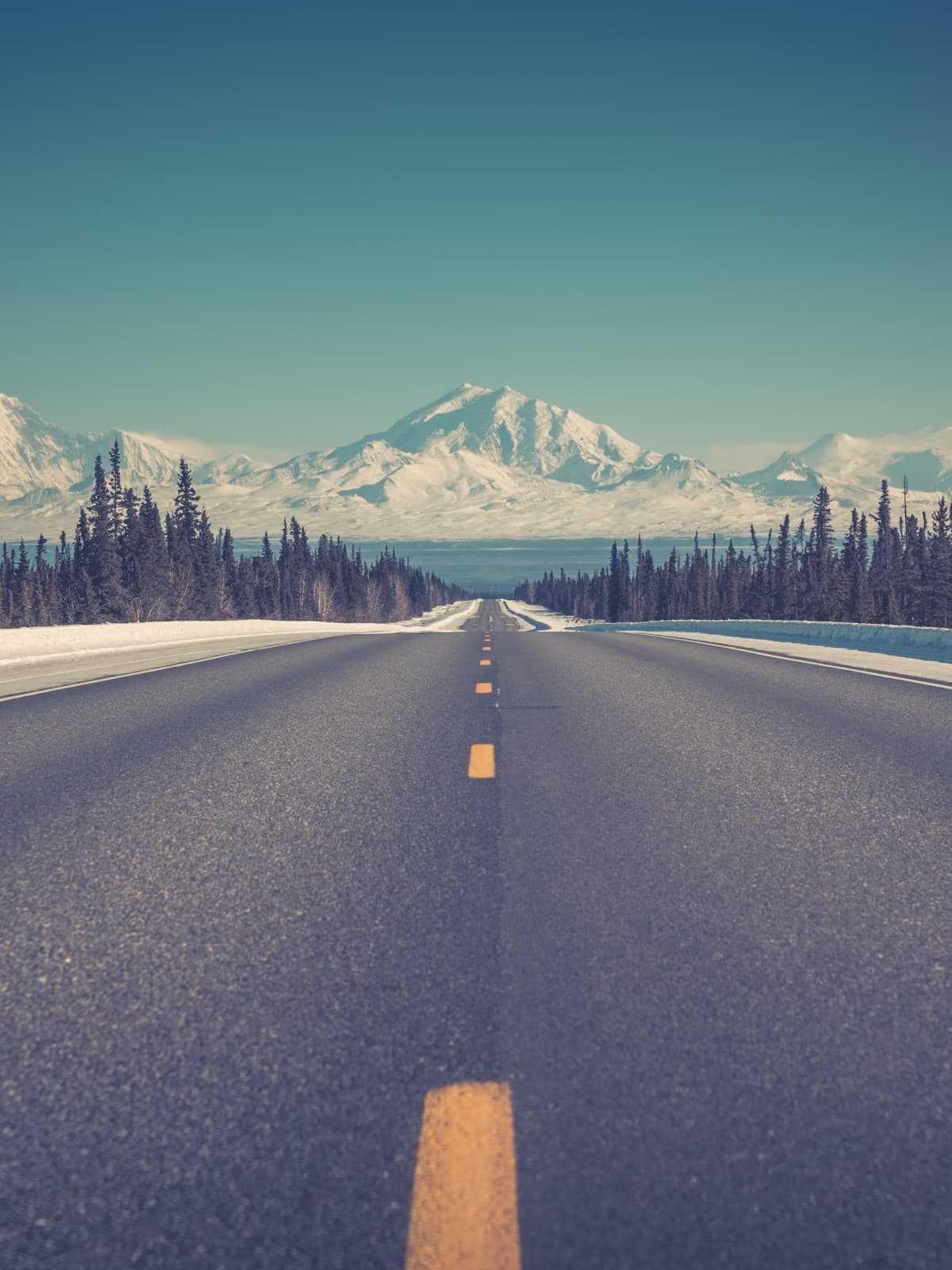 Empty highway stretch in Alaska towards snowy mountains.