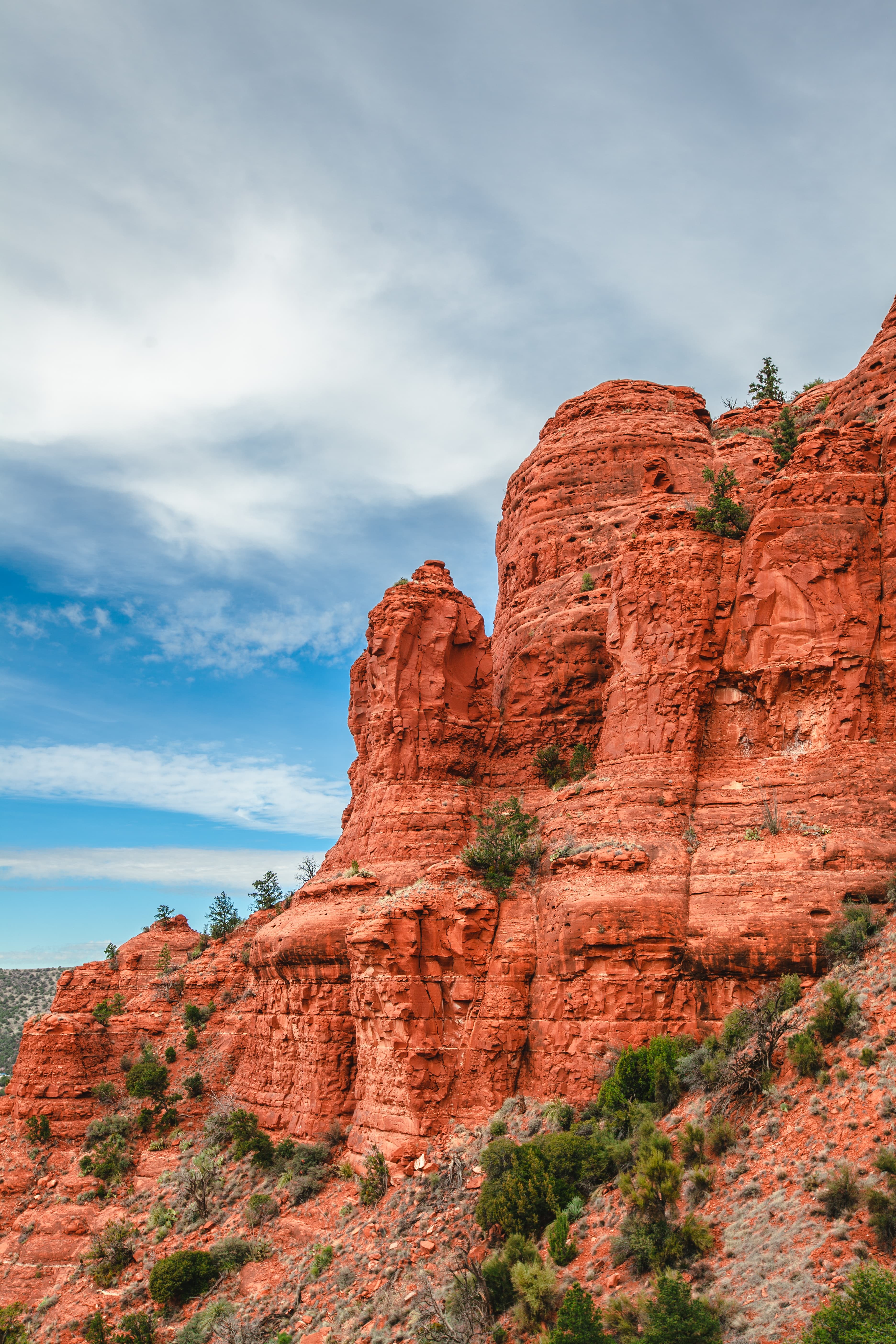 Red rock with green foliage on a cloudy day in Arizona