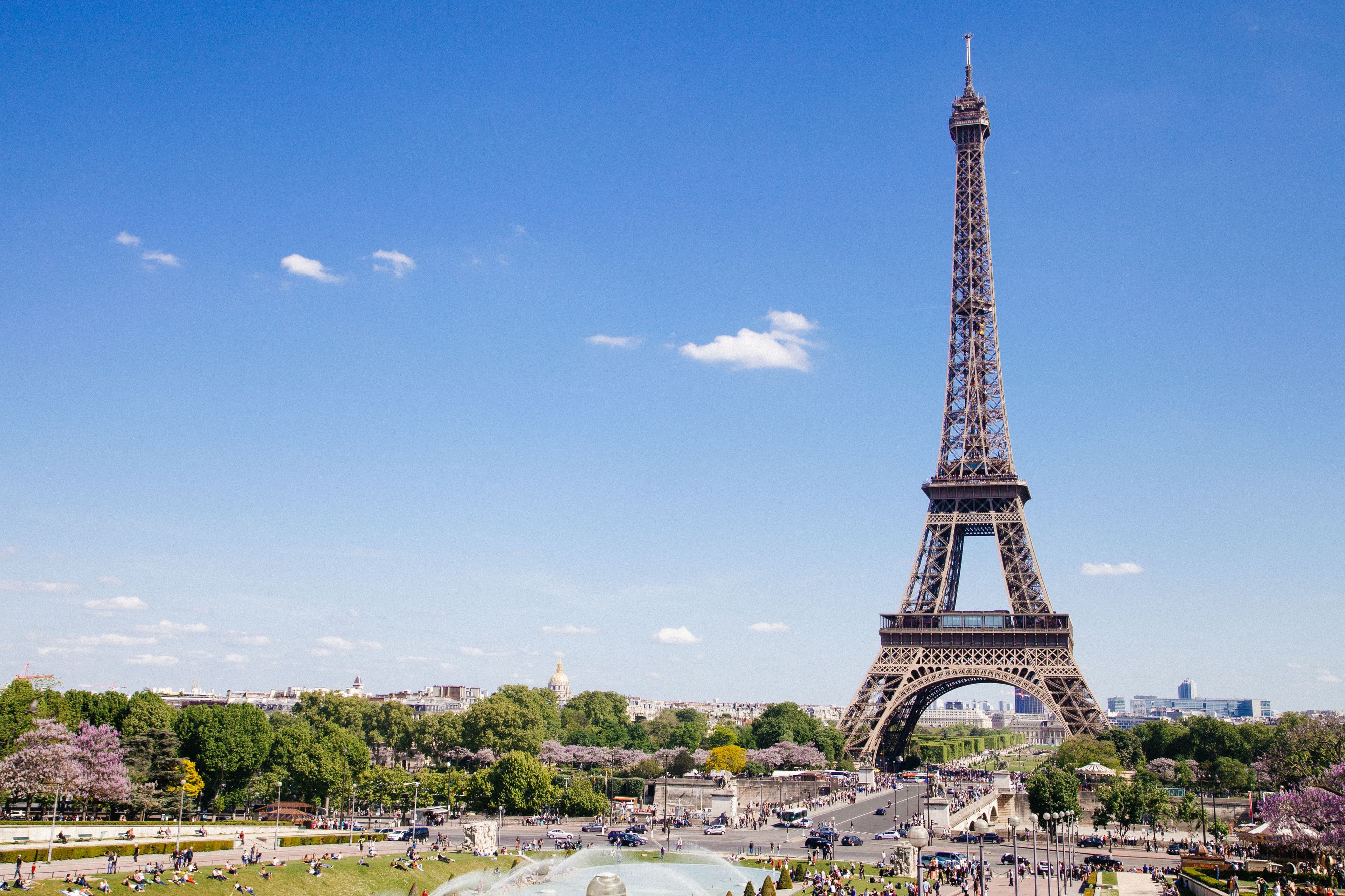 Eiffel tower with blue sky and green trees in Paris France