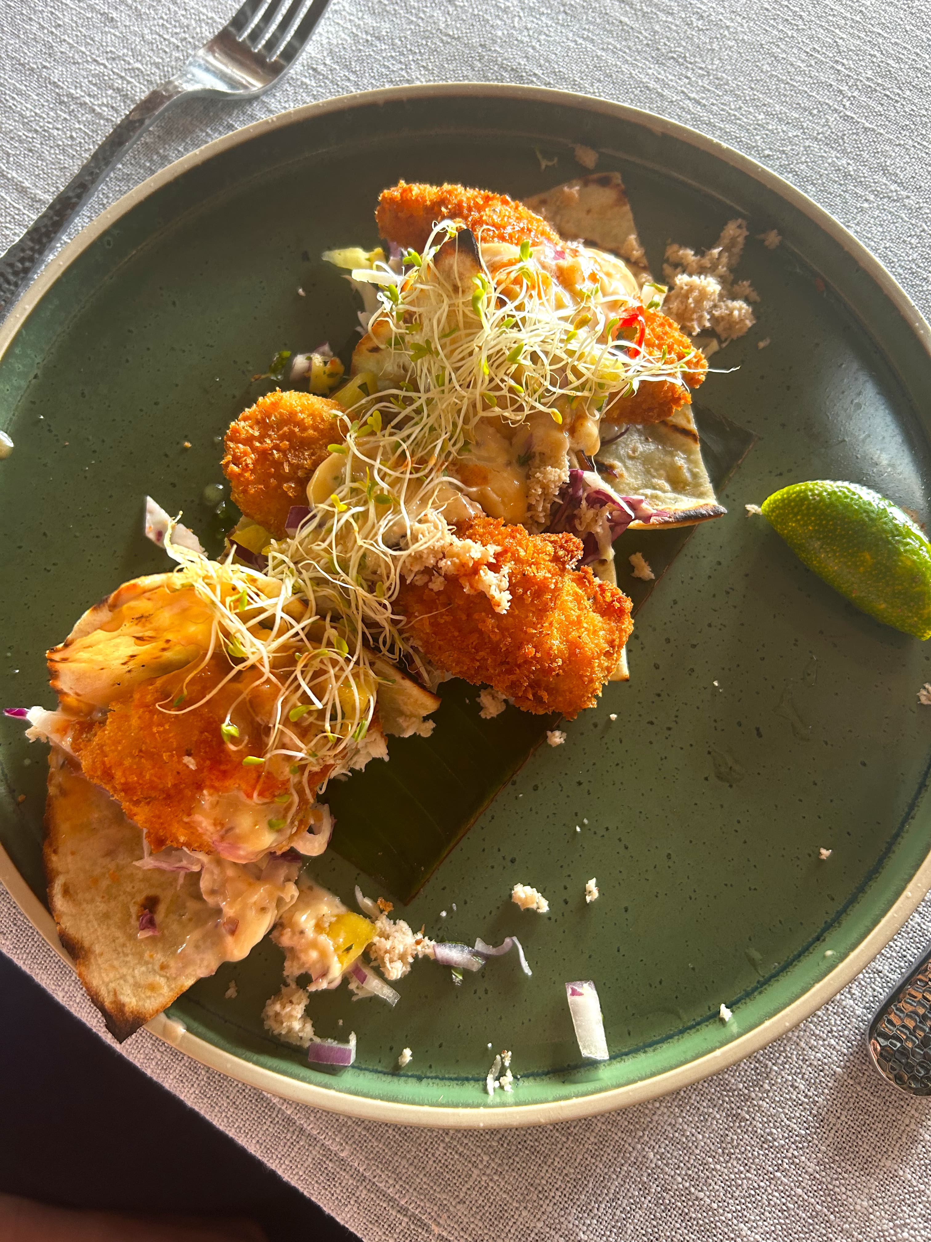 Aerial view of food on a green plate.