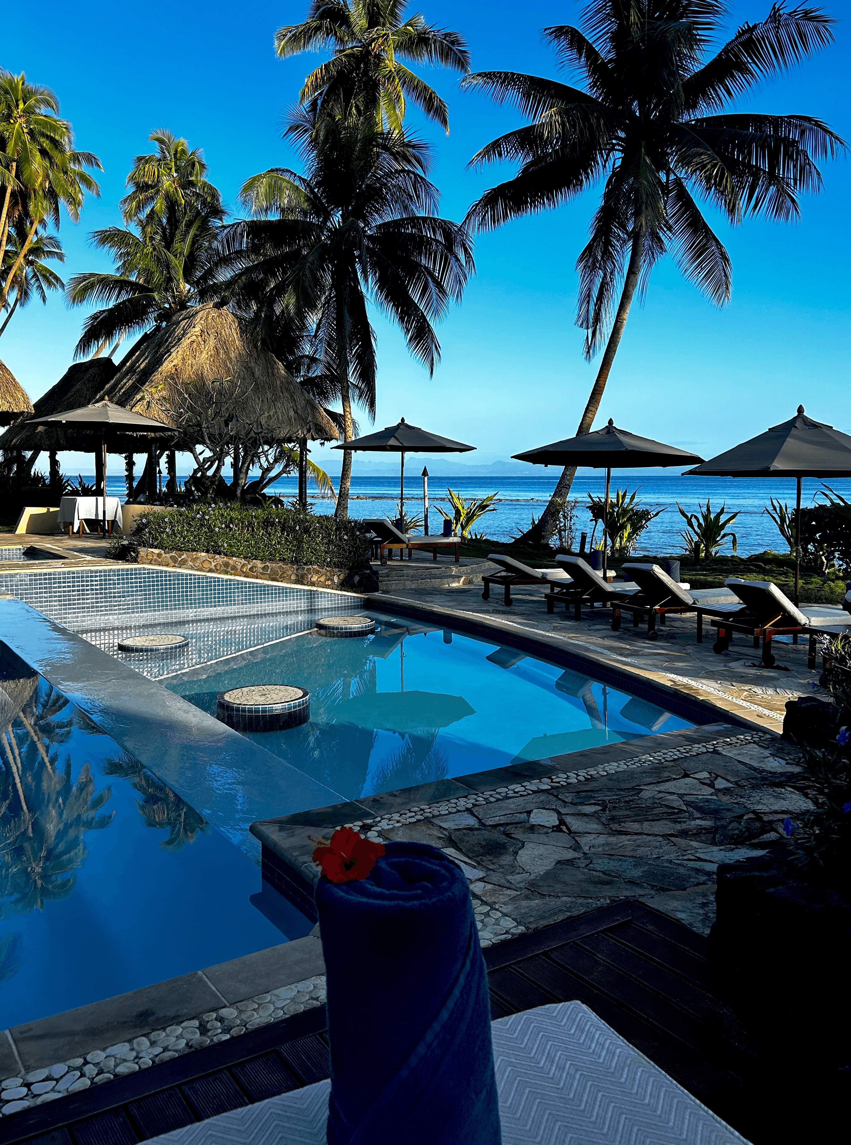 The pool area of the resort with sun loungers, umbrellas, palm trees and ocean views.