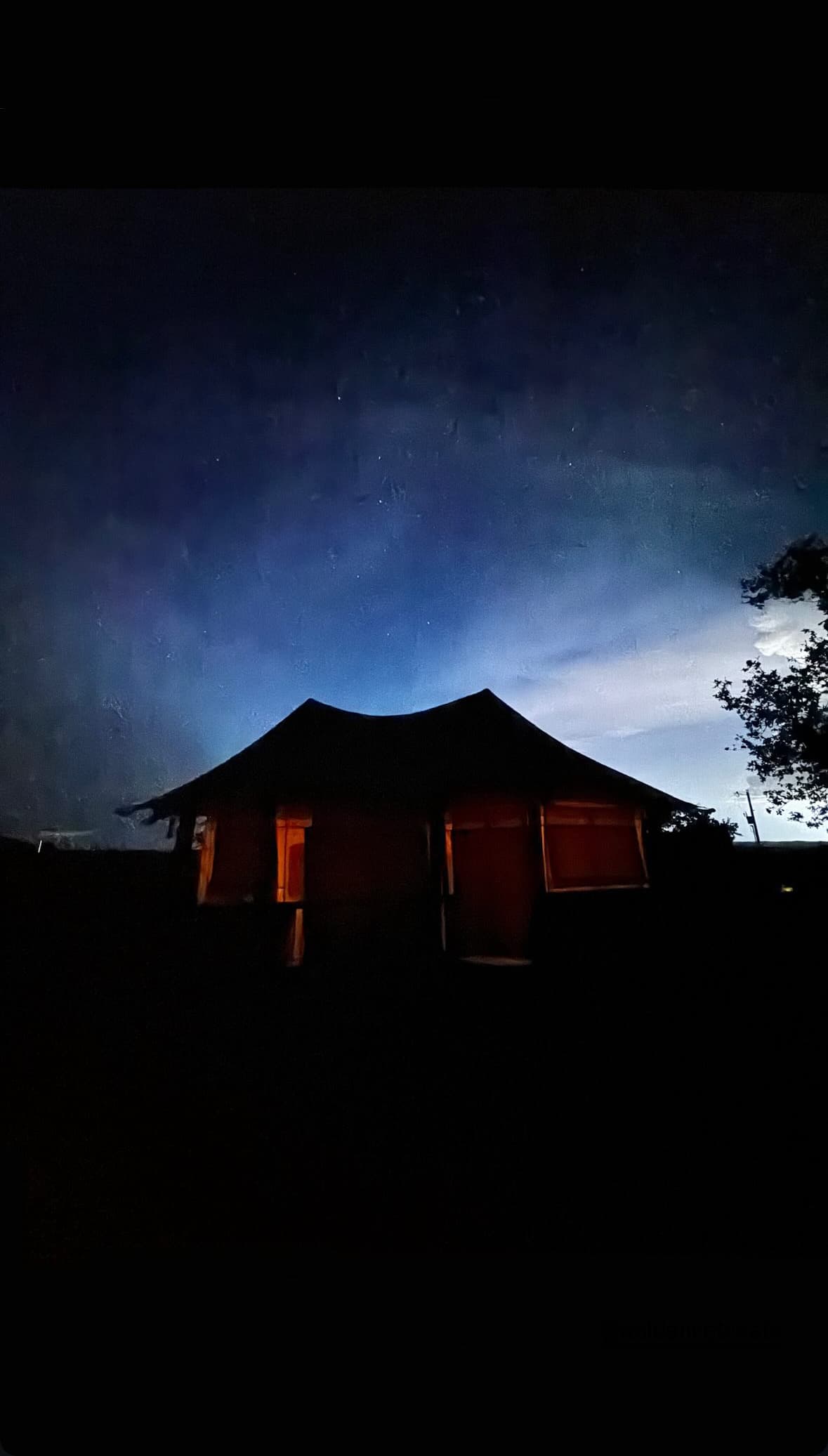 Silhouette of a tent and trees at nighttime