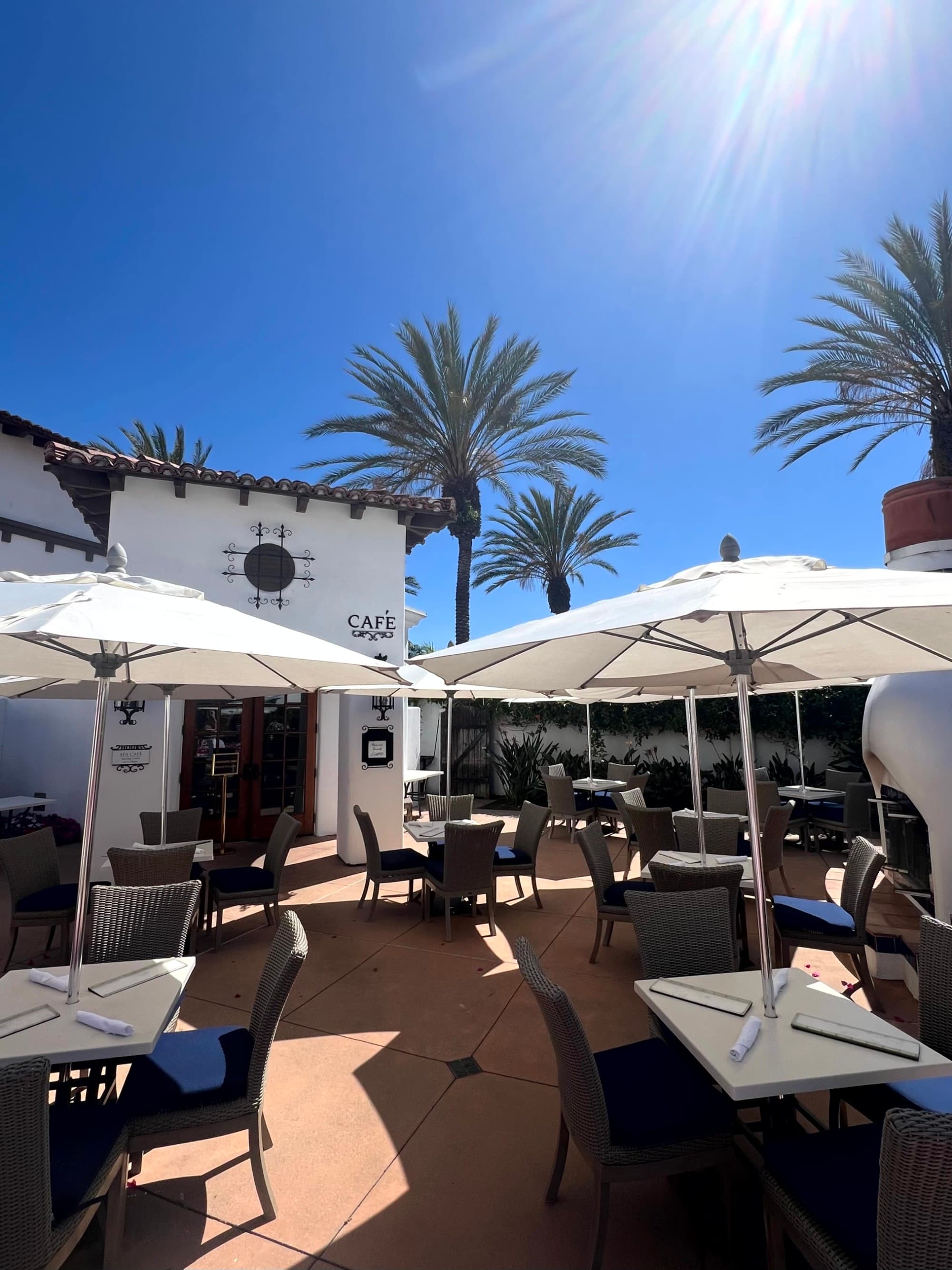 An outdoor patio with white tables and umbrellas, with palm trees in the background on a sunny day.