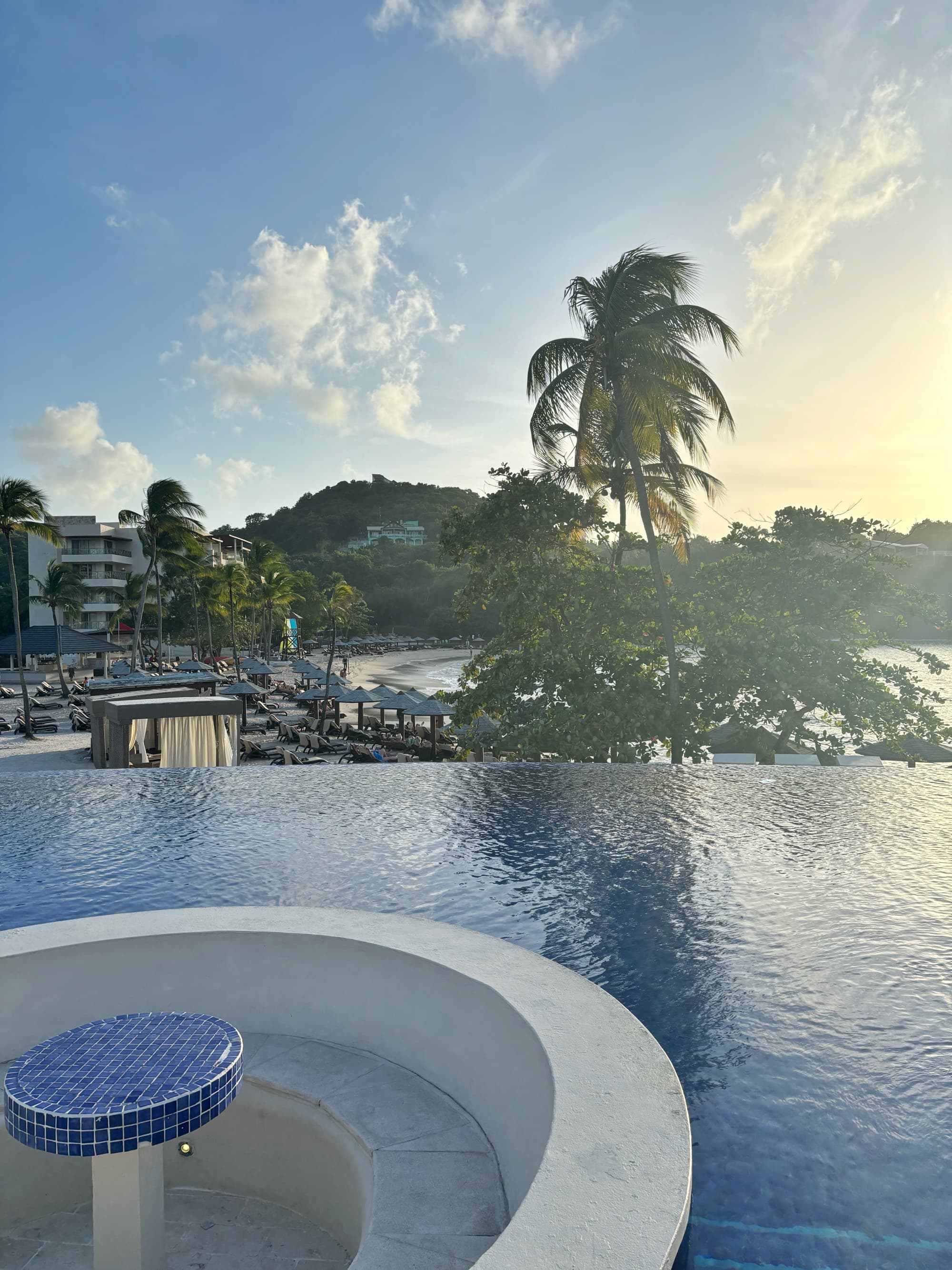 The view from the pool overlooks the sea shore as palm trees dance in the breeze on a sunny day.