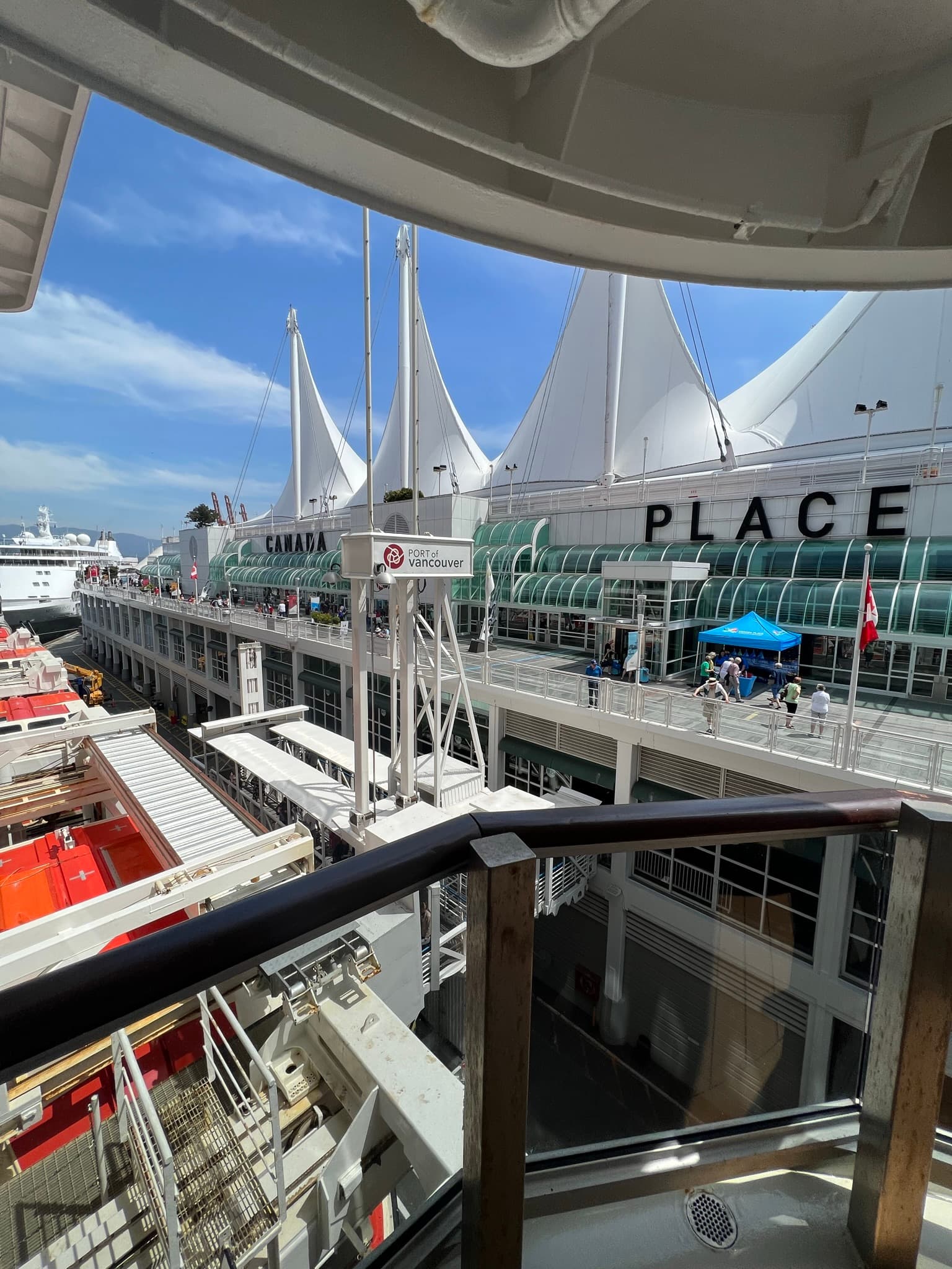 A view of the exterior of the cruise liner at Vancouver's port, about to enter the ship.