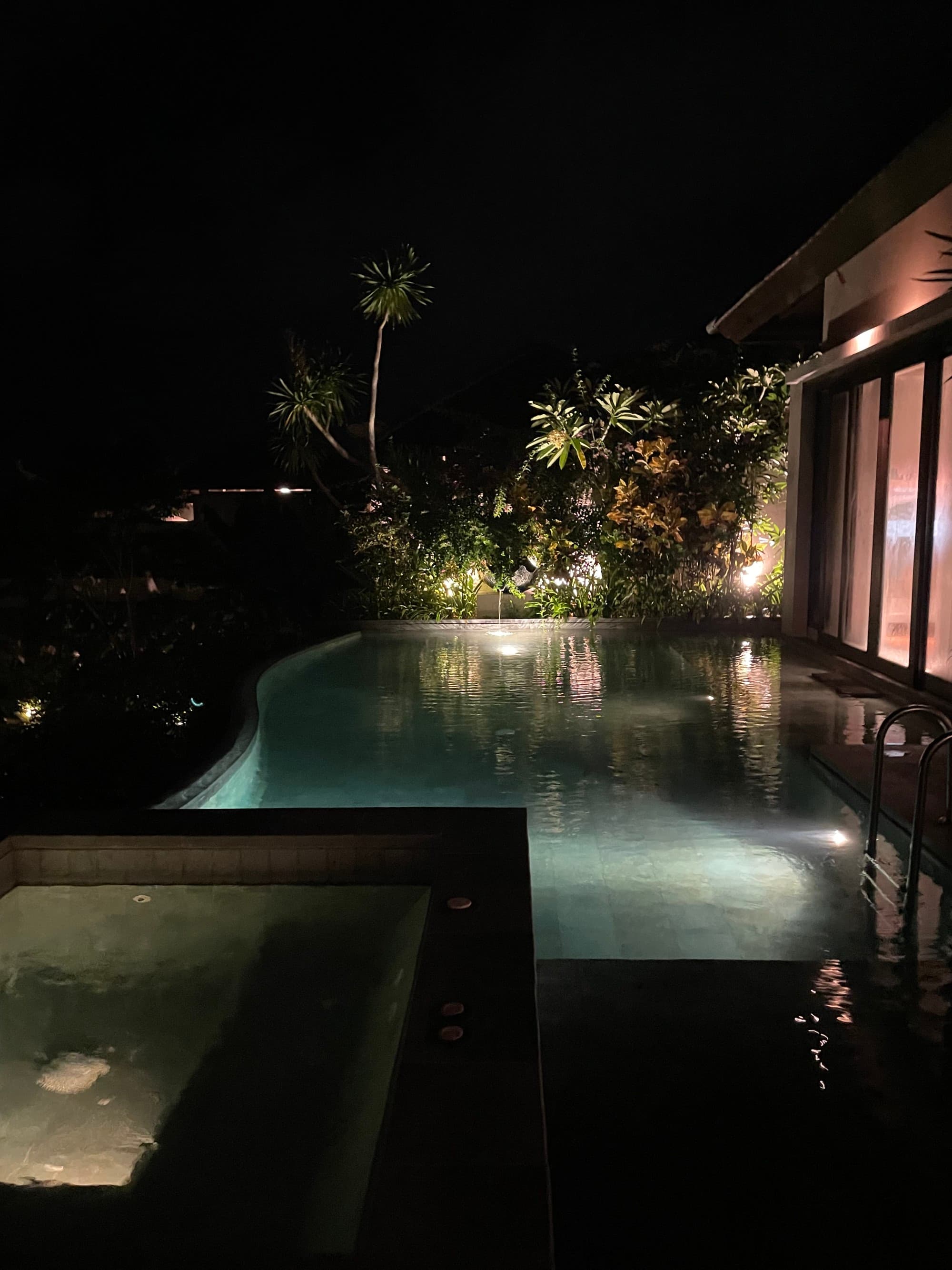 A pool area at nighttime