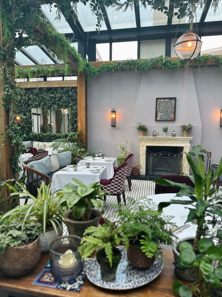 Sustainable corner with a skylight roof and a large amount of plants.