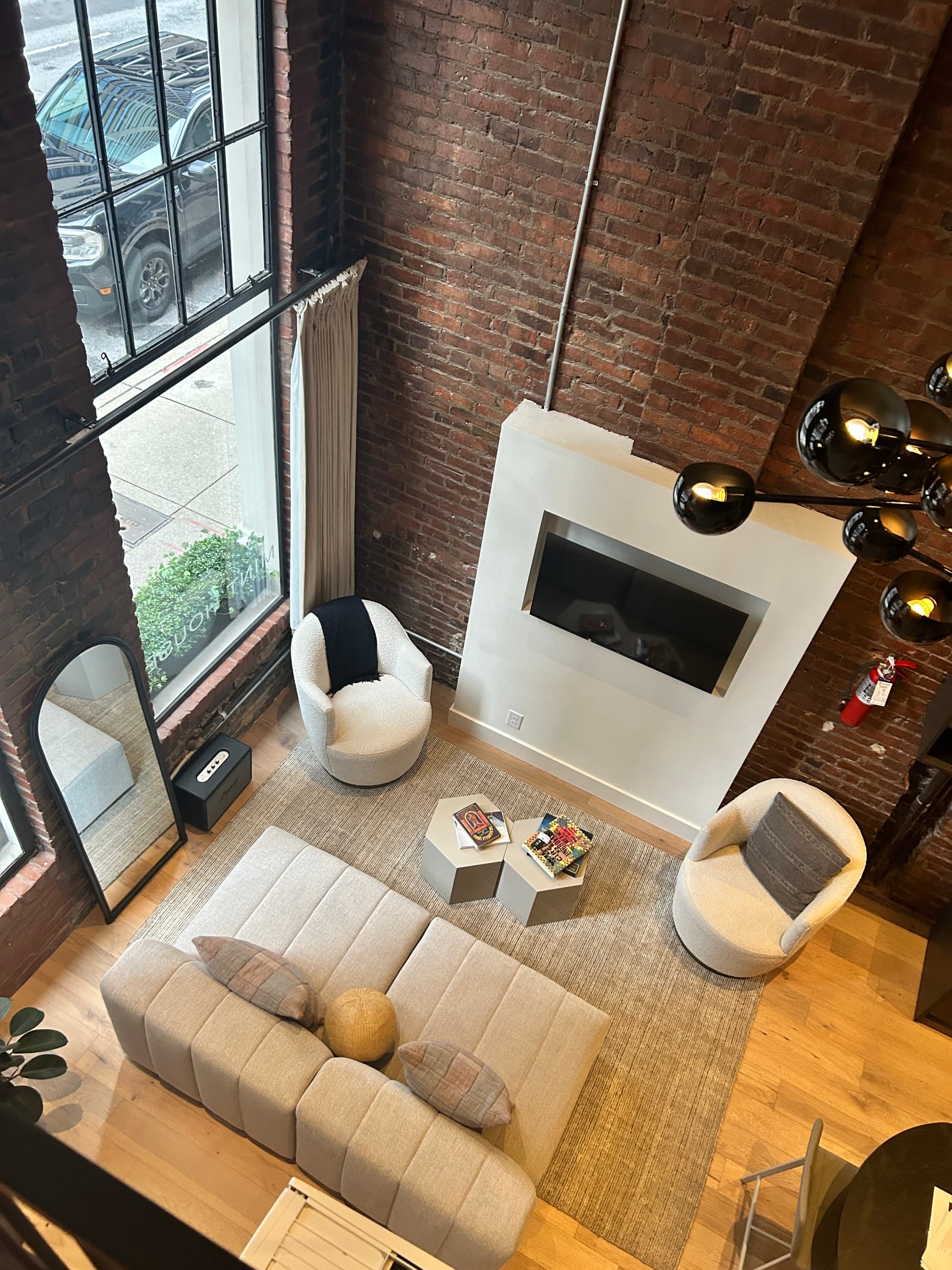 A lounge area of a hotel taken from above