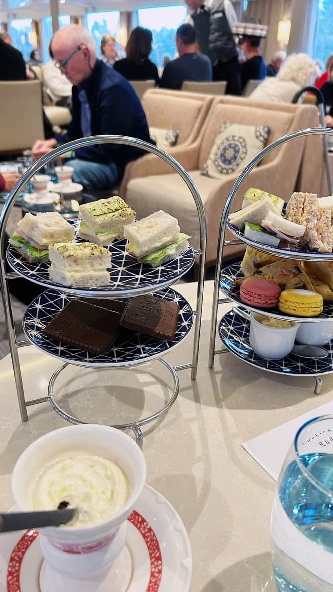 Tiered plates of food on a table