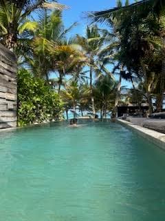 The pool at Be Tulum with lush greenery and trees around