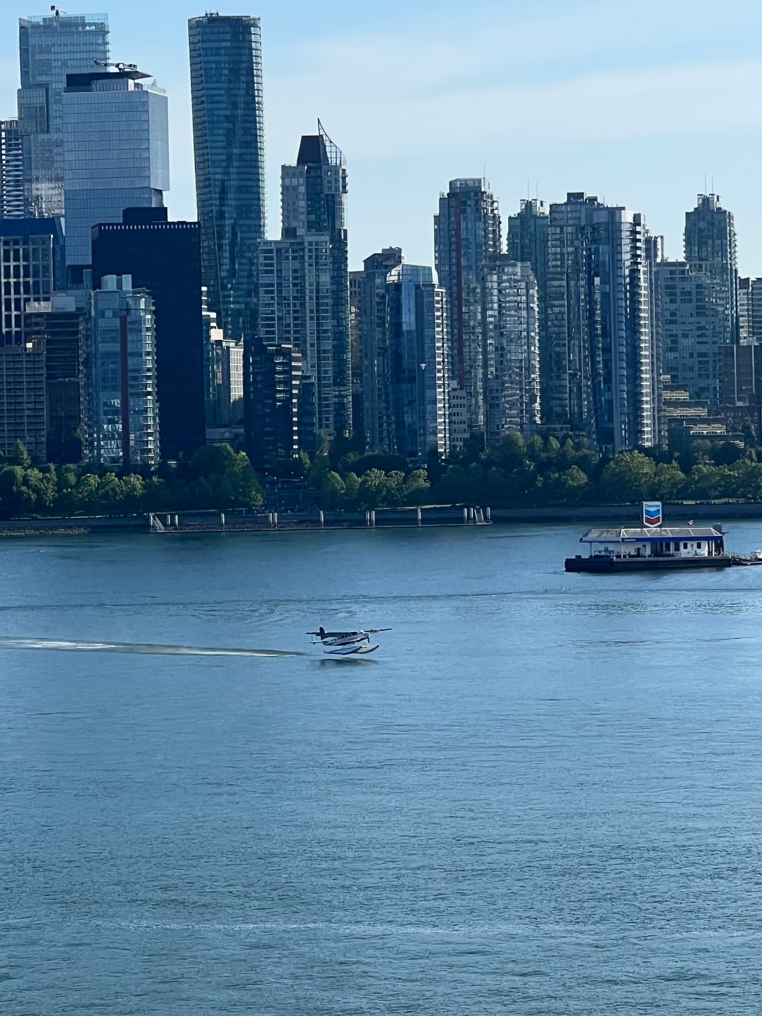 A view of a city skyline on the water, with a seaplane about to land on the water.