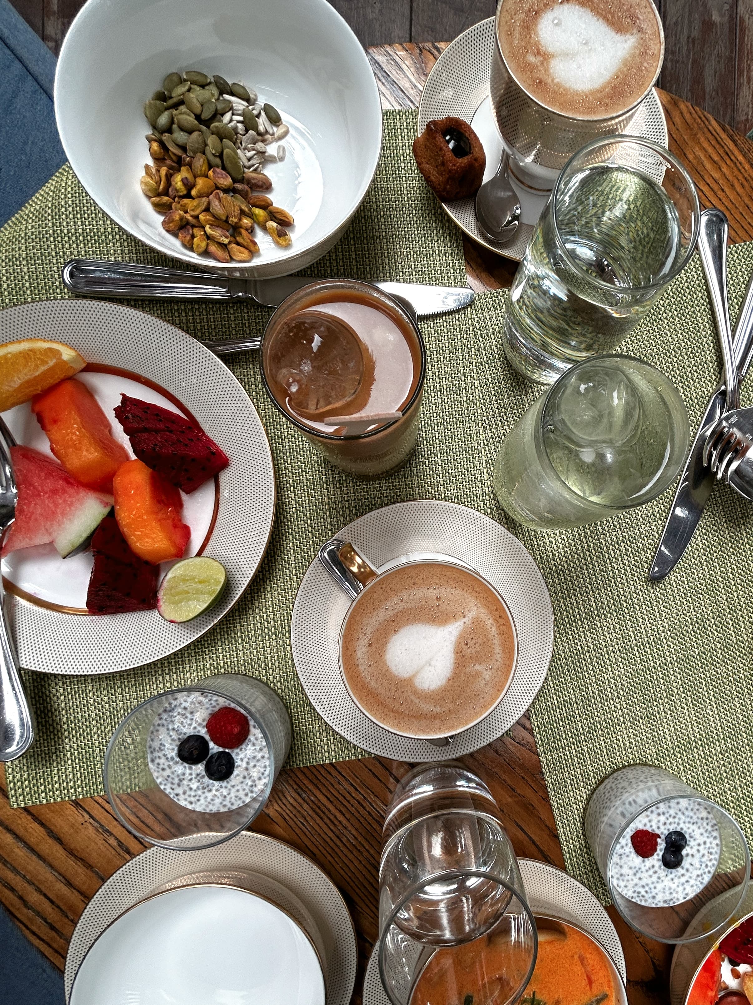 An aerial view of a variety of breakfast dishes and coffee