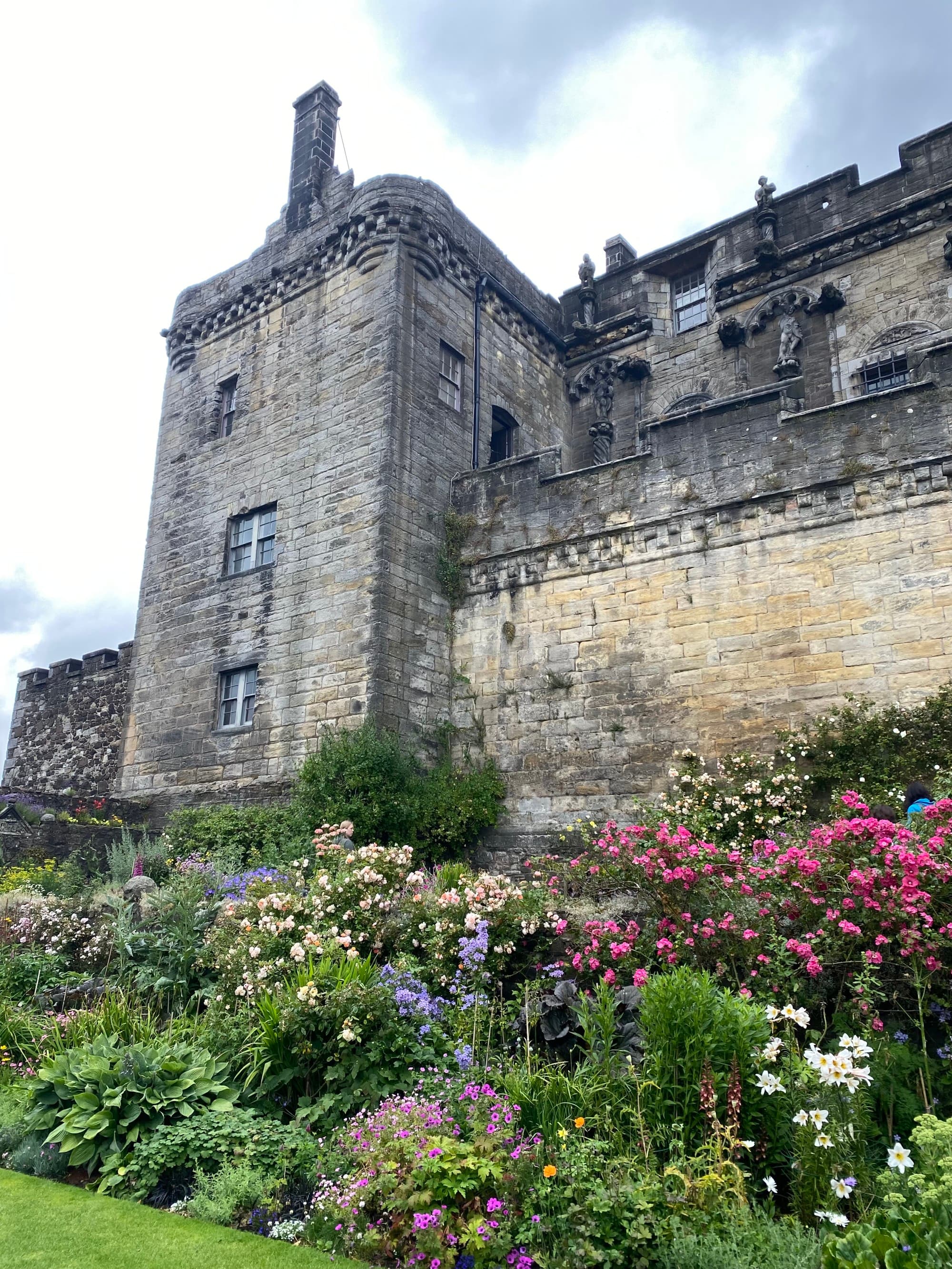 Castle walls with flowering bushes next to it.