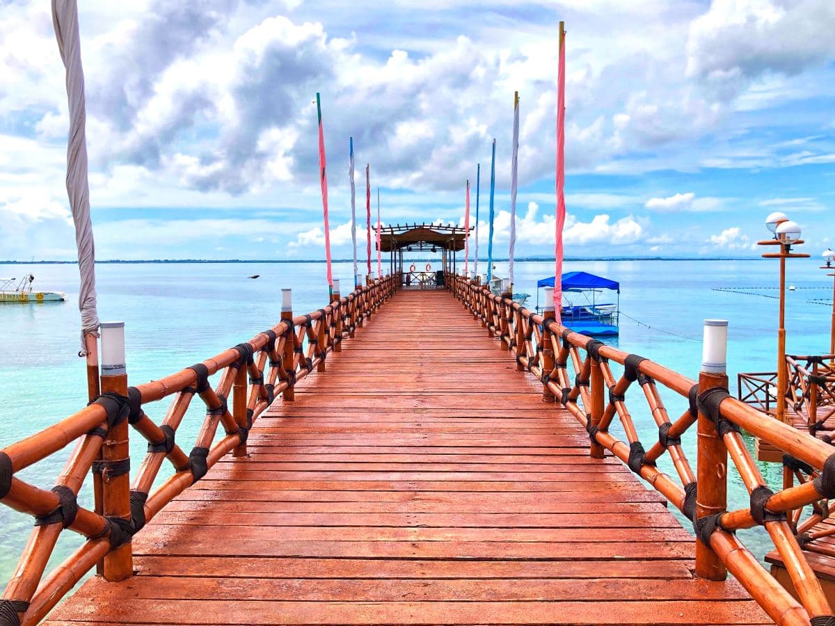 Brown wooden bridge over a body of water.