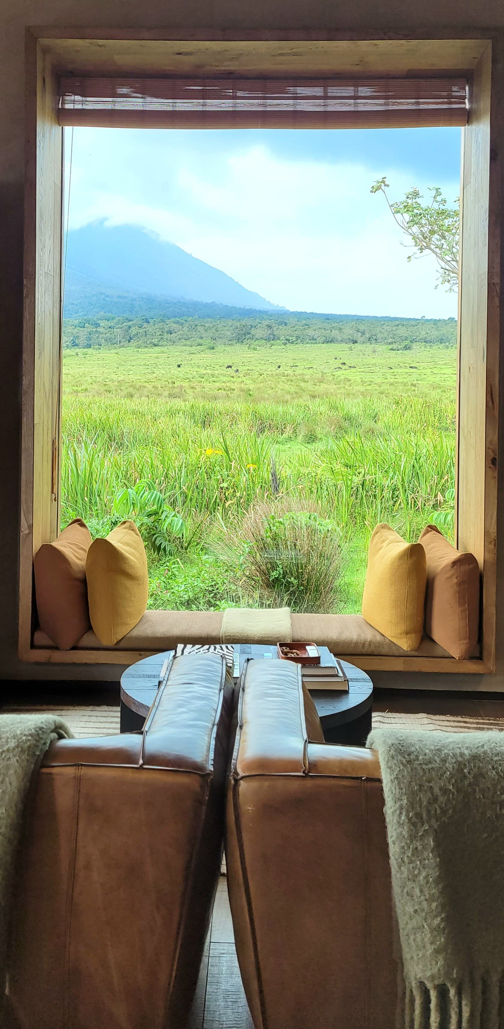 This image depicts a couch and seating area against a floor to ceiling window that looks out to grassy terrain and a mountain.