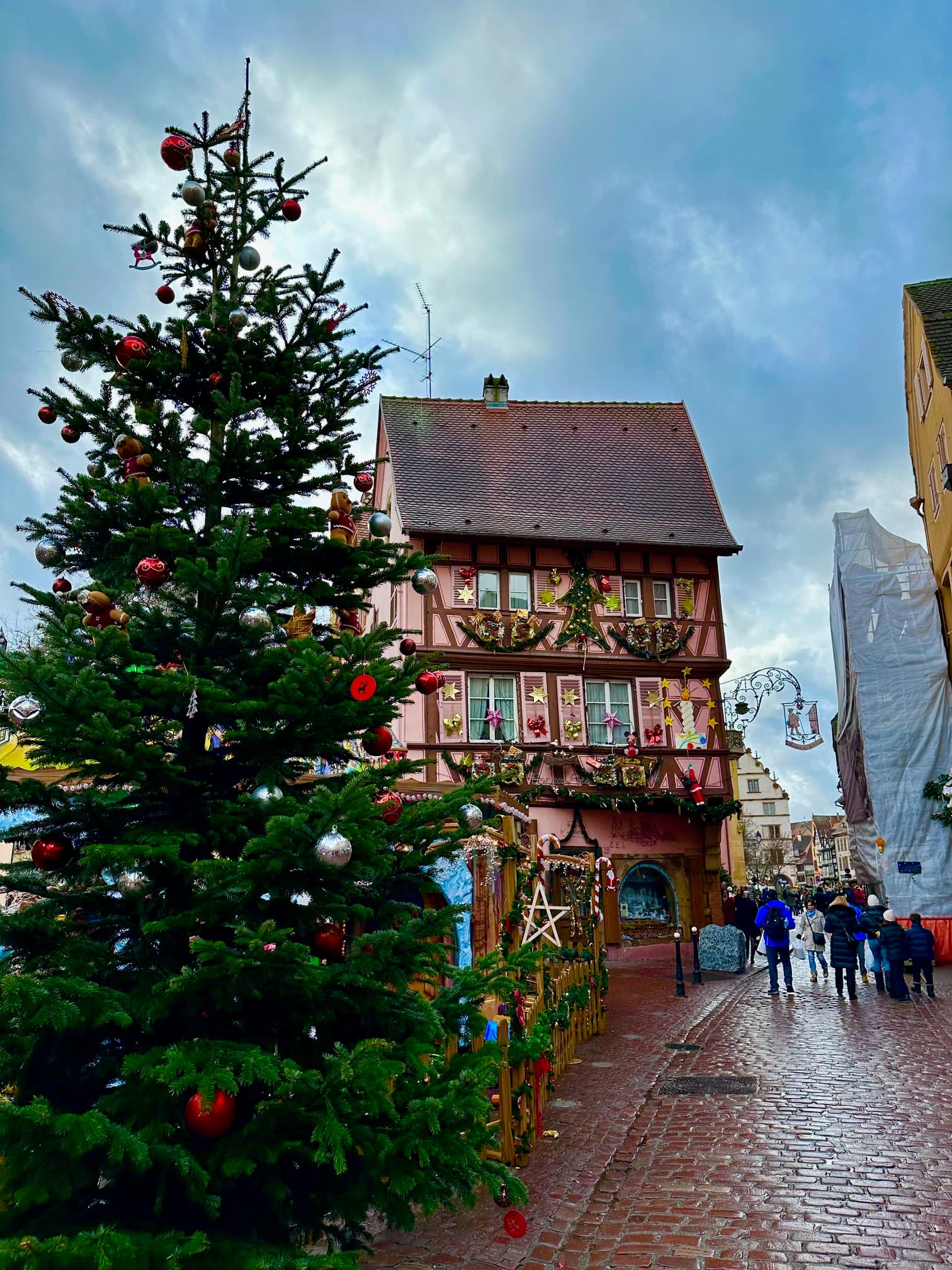 A large Christmas tree in front of a pink house