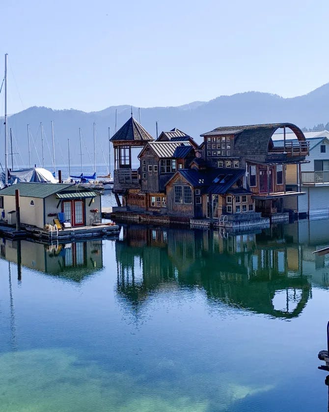 Floating buildings with unique structures on a lake