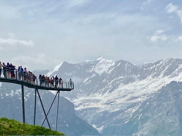 Viewing deck for snow covered mountains in Switzerland