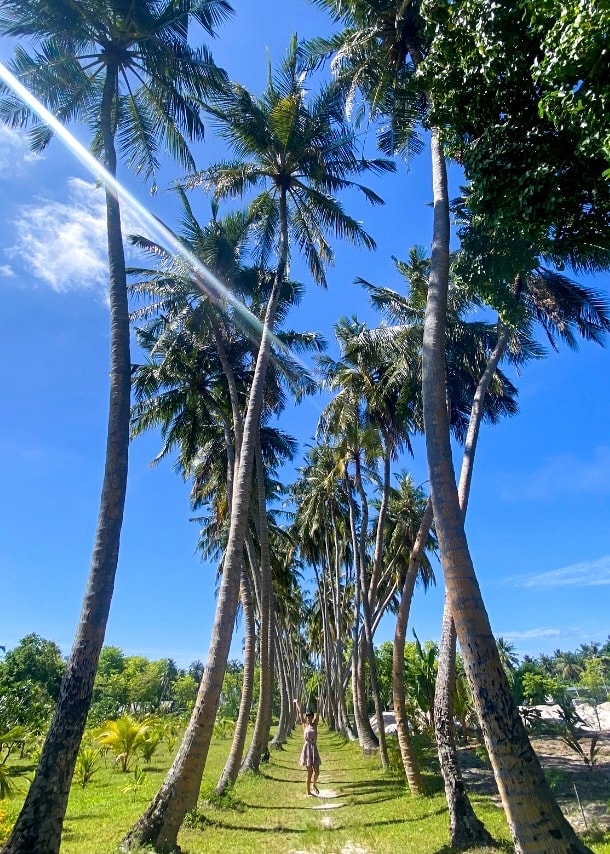 Travel Advisor Arlette Diederiks walking under palm trees.