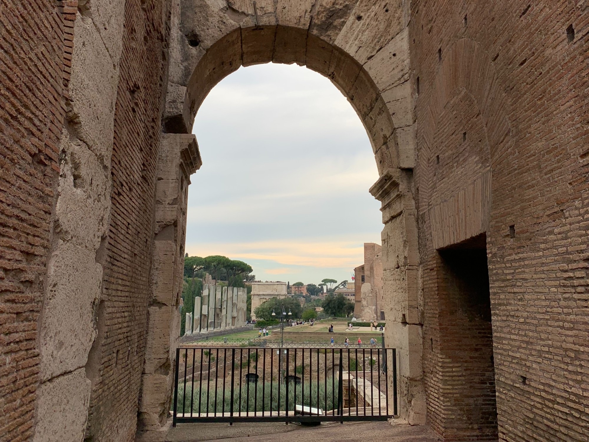 View through arch of an old building.