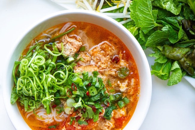 Bun Rieu Cua (Vietnamese Crab Noodle Soup) is a Hanoi street food.