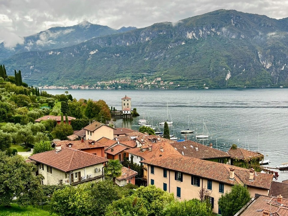 A group of red-roofed houses with lake and mountain in the background