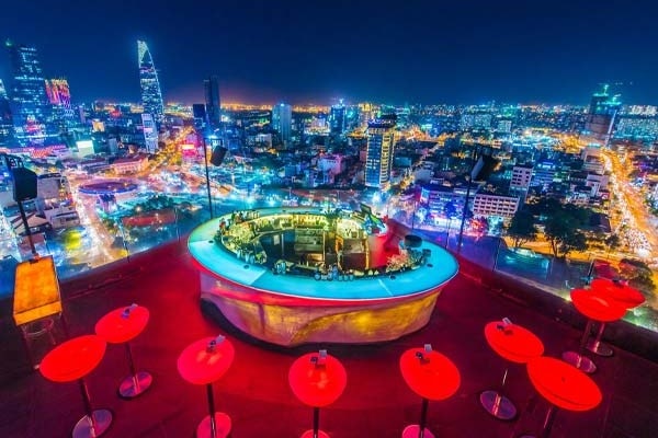 Stylish and vibrant rooftop bar with spectacular views of the Saigon skyline.