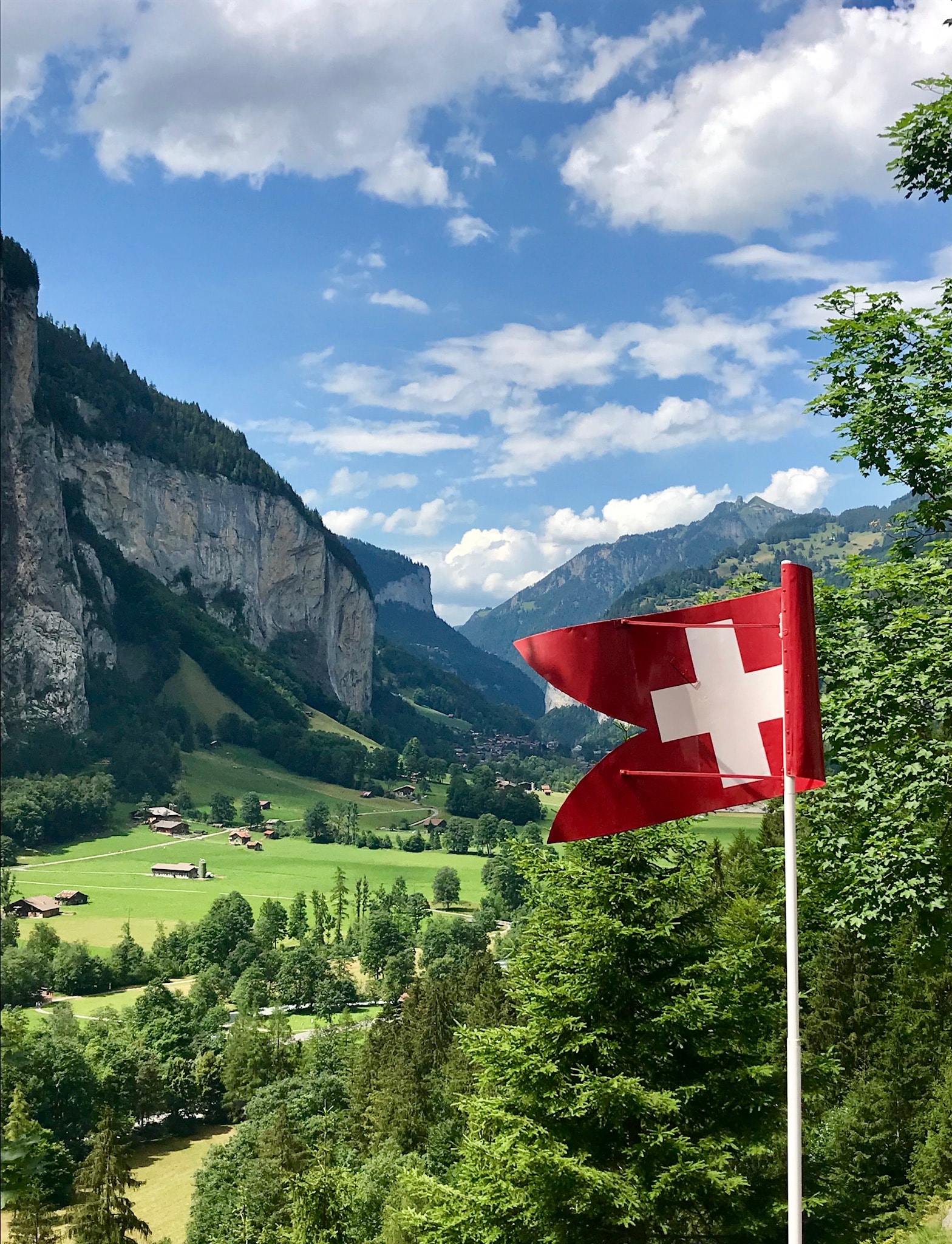 Switzerland flag with a beautiful view of foliage and mountain scapes in the country. 