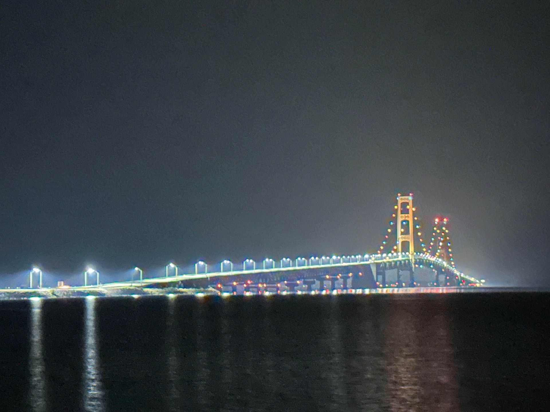 A view of Mackinac Bridge at night