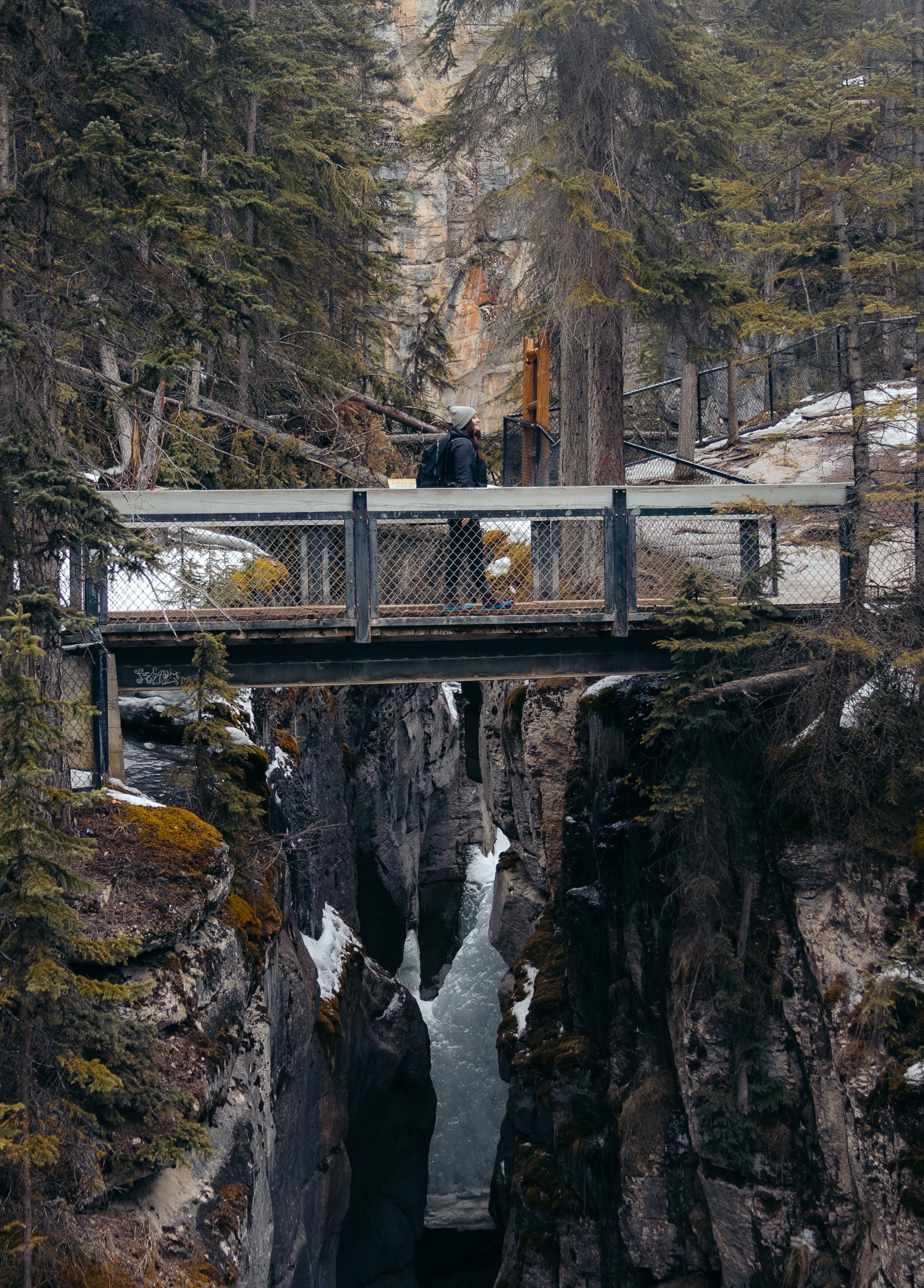 A view of a bridge above large rock formations with snow and pine trees in the surrounding areas. There is a woman walking across the bridge in outerwear.  