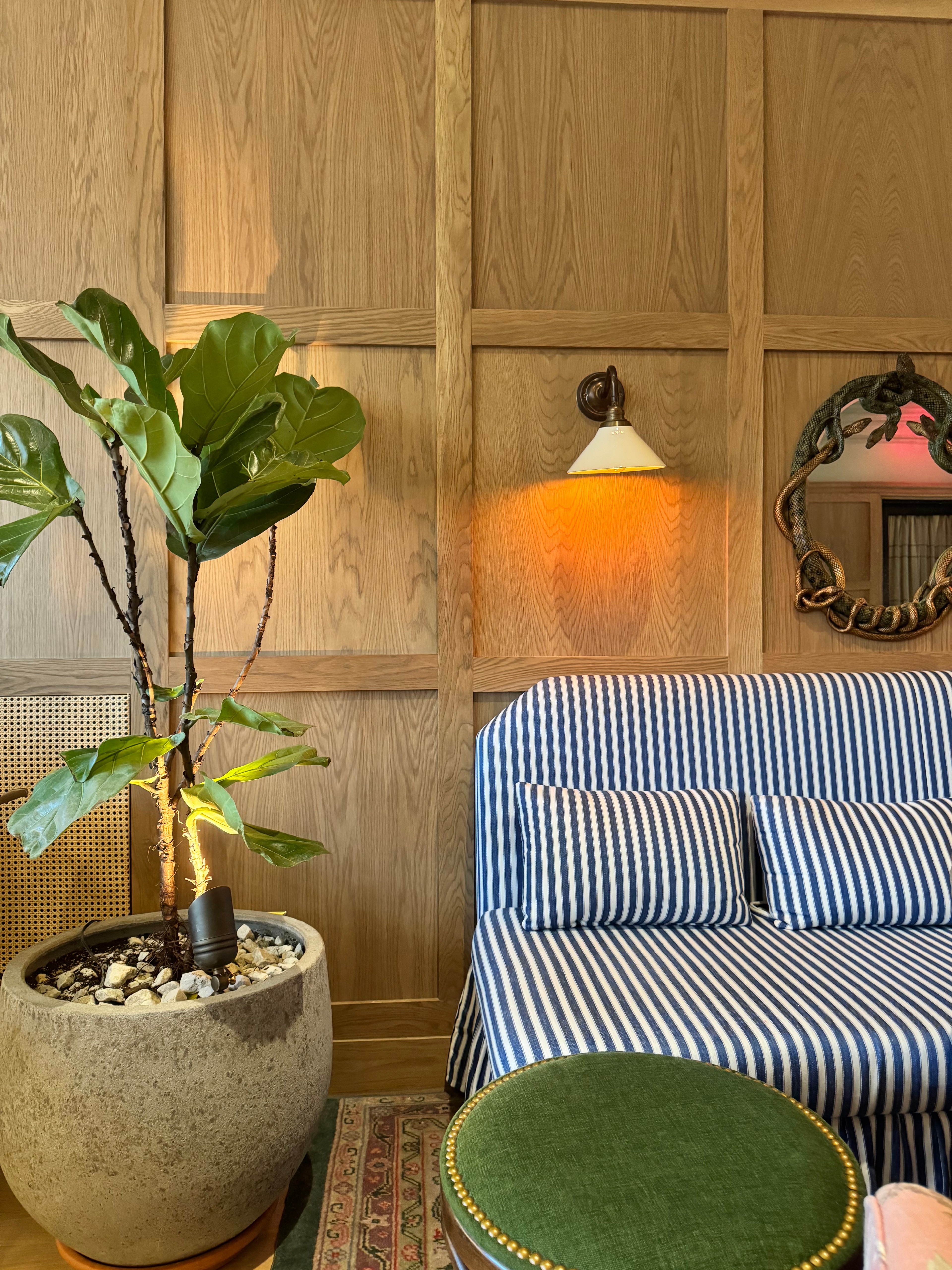 A luxury hotel room with dim lighting, a plant and blue stripped bedding. 