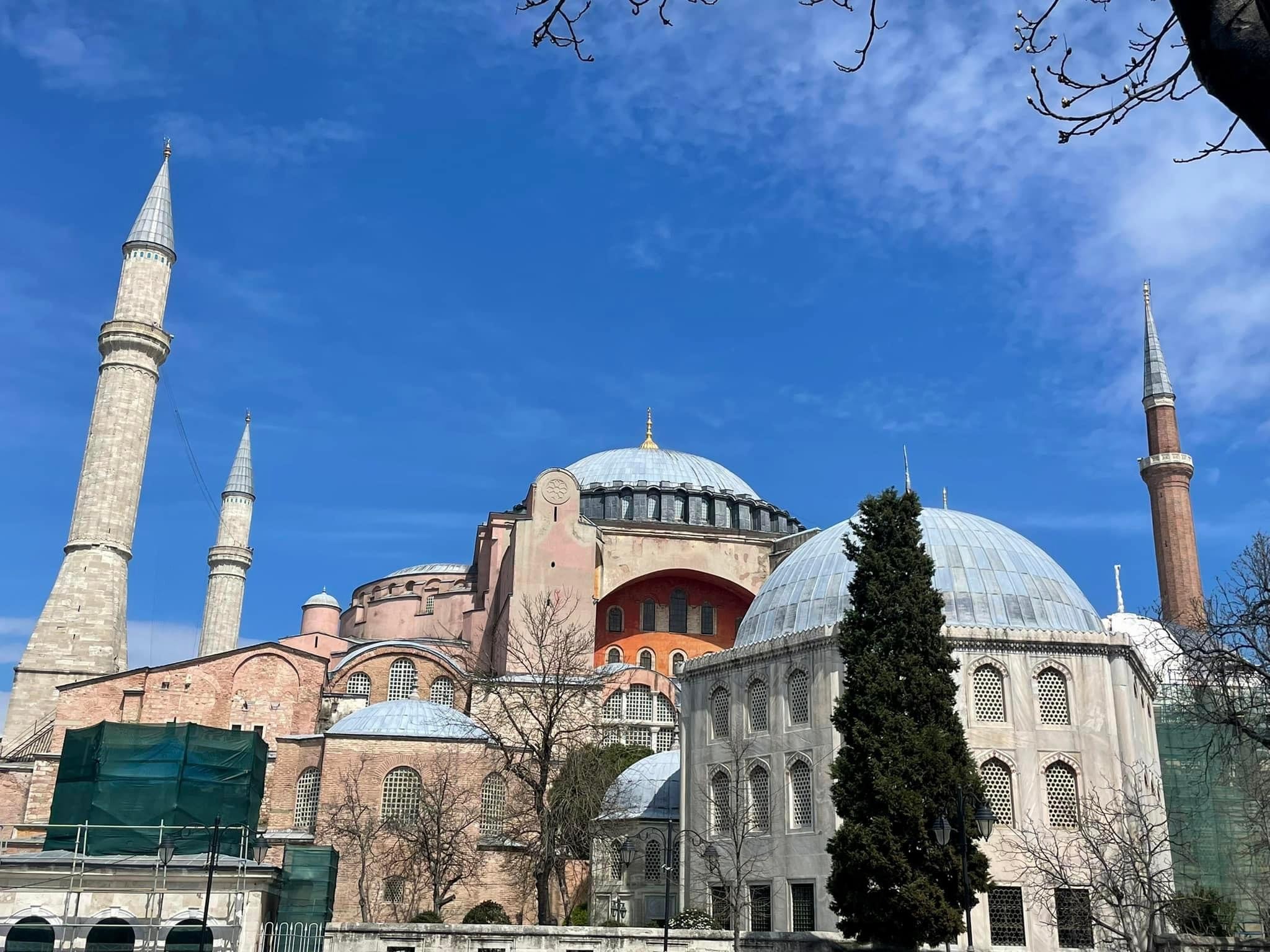 View of the massive domed mosque Hagia Sofia in Istanbul under clear skies