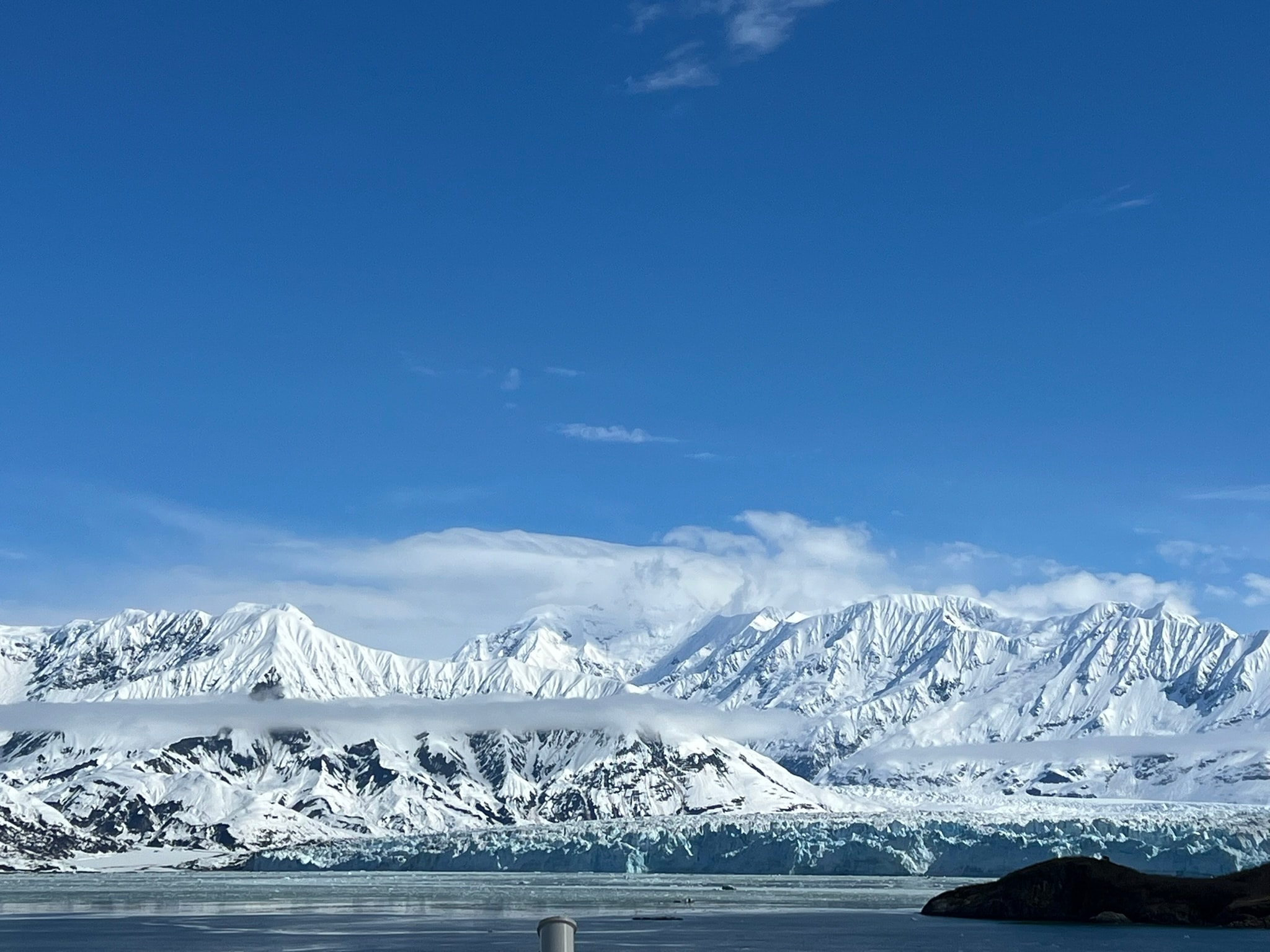 A view of snow covered mountains. 