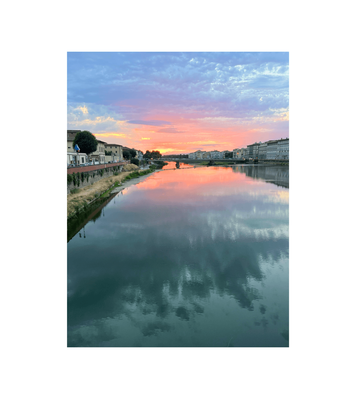 A sunset over a body of water with foliage on both sides. 