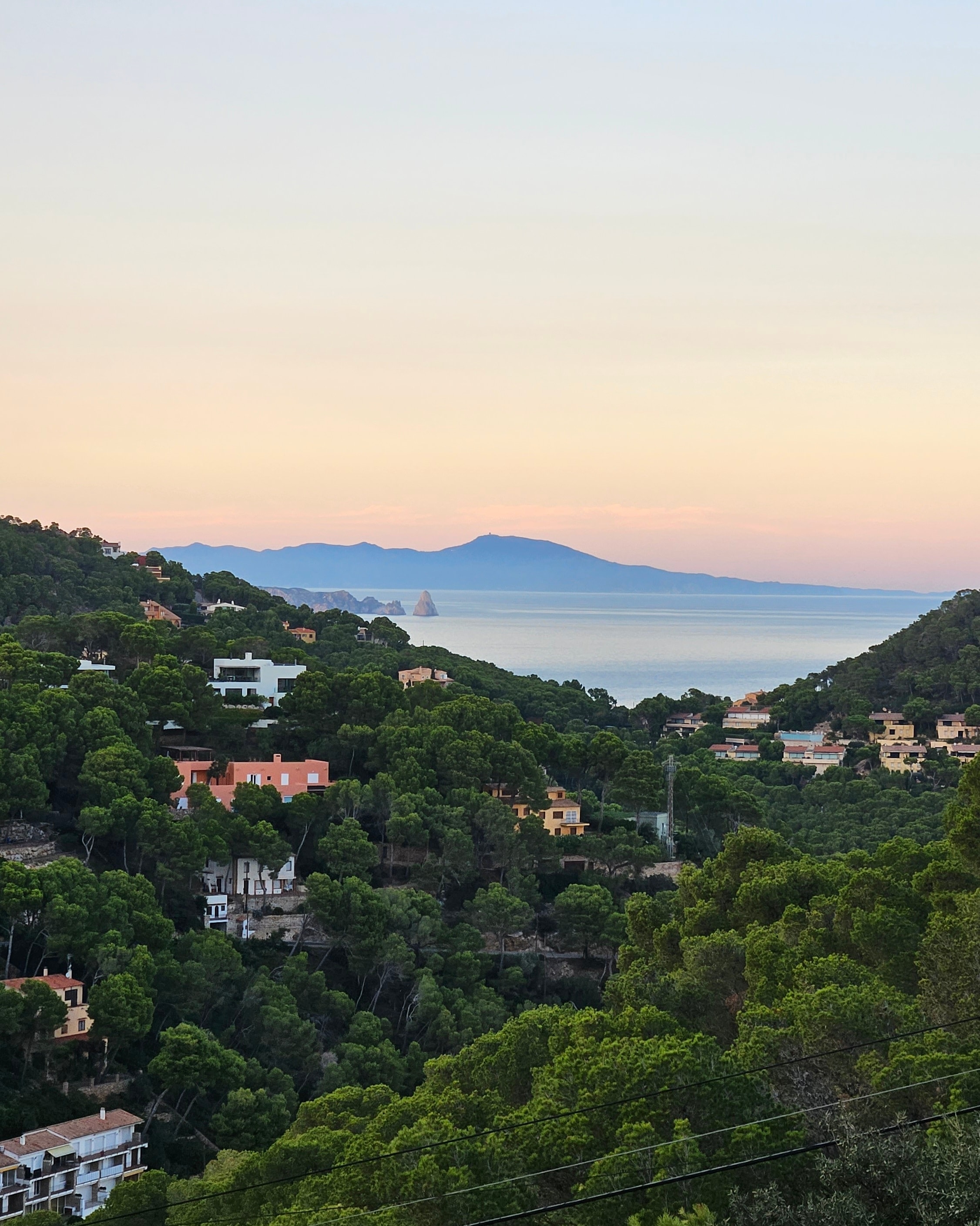 A view of valley covered in foliage and trees with a town in the distance and the ocean at dusk. 