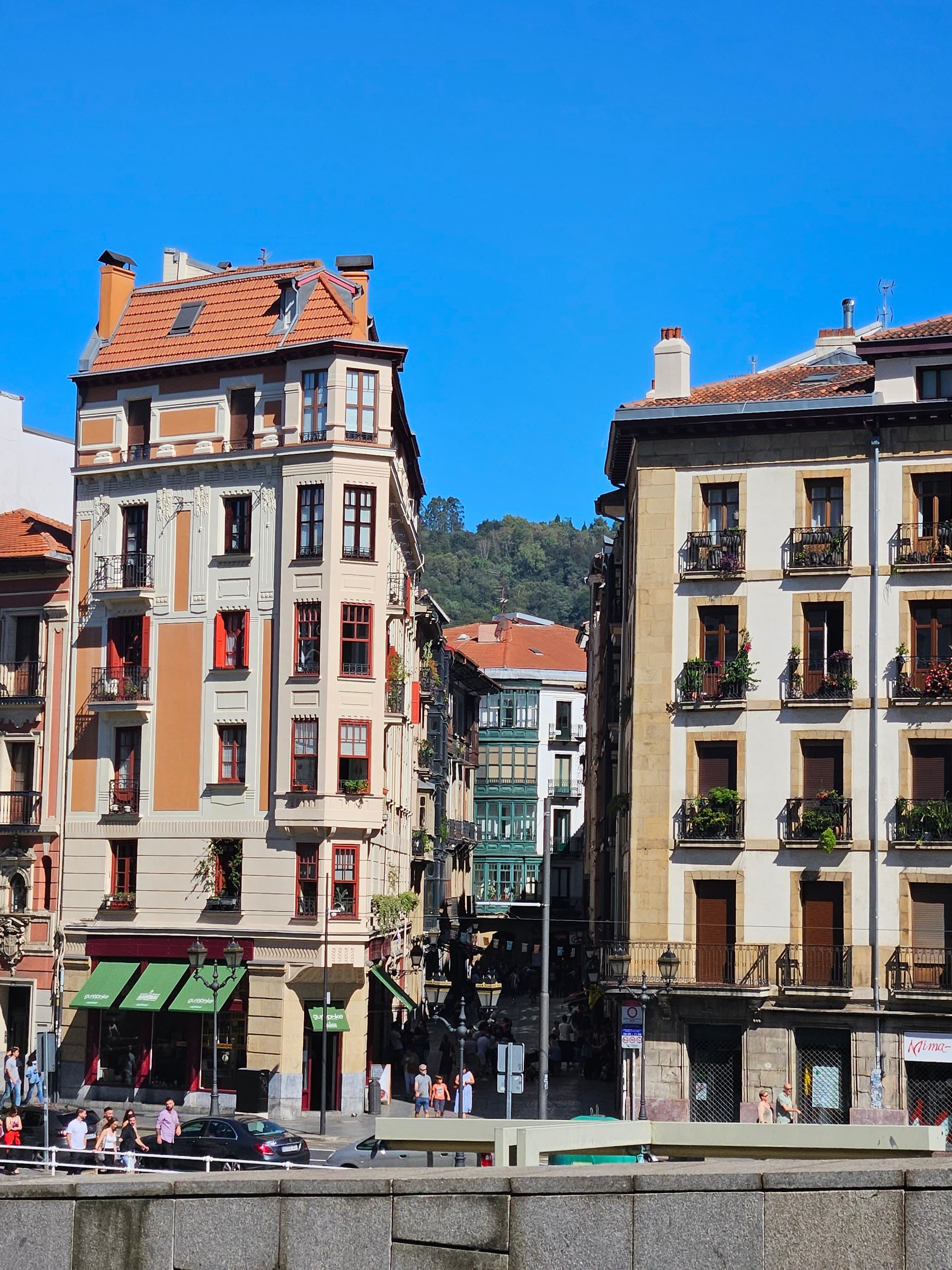 A view of classic buildings during the day time with a mountain in the distance. 