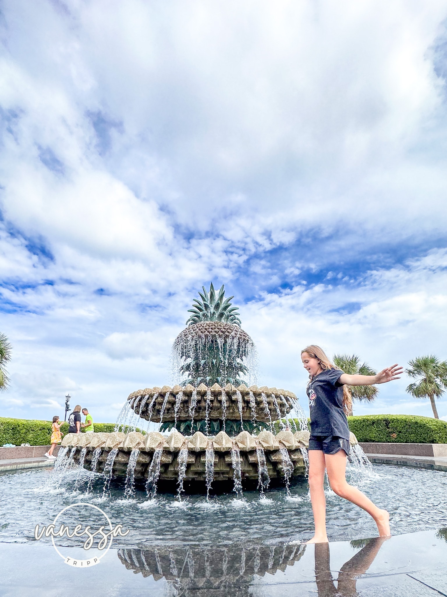 Advisor running in a large water fountain on a sunny day.