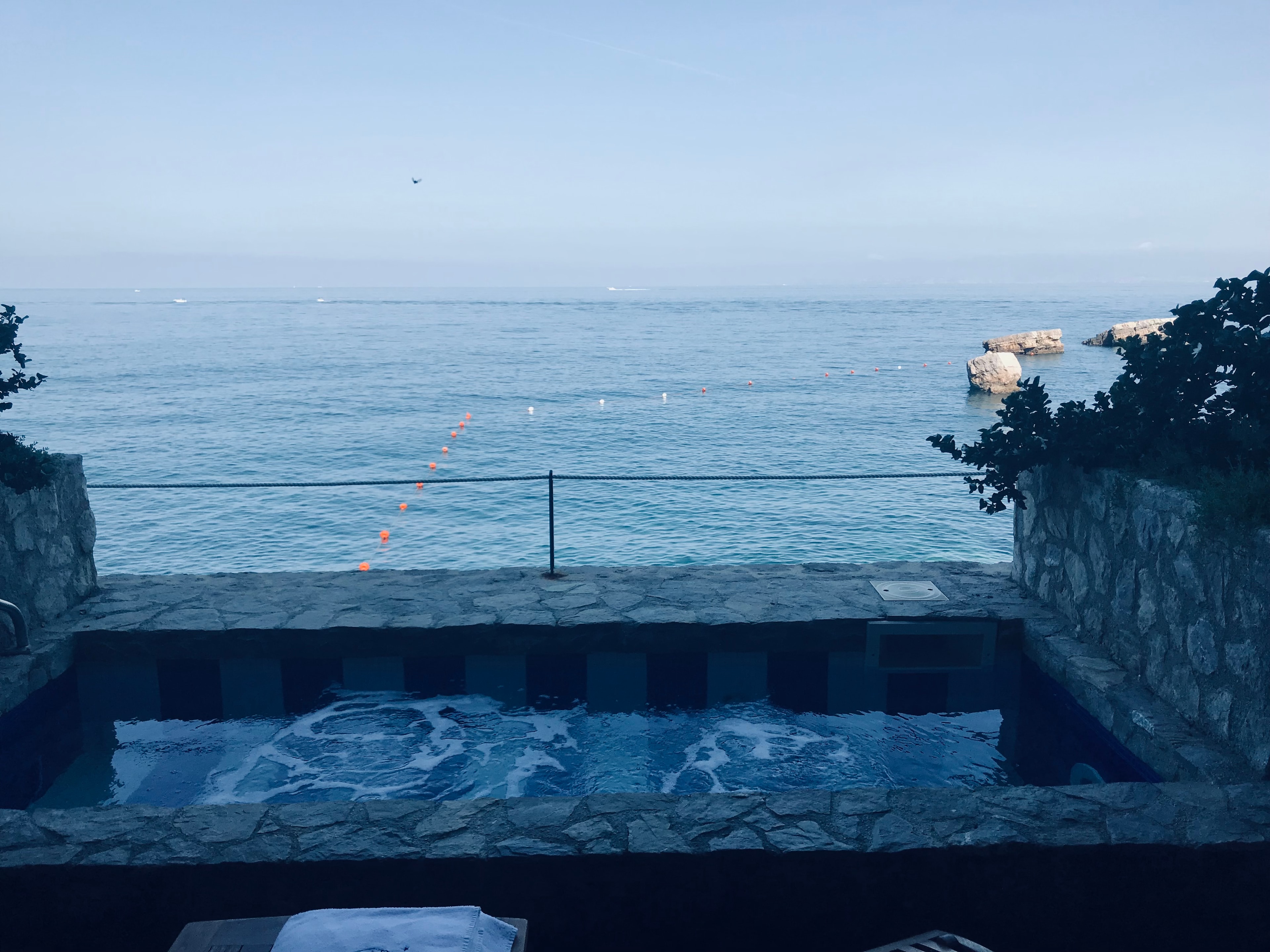 View of a small plunge pool overlooking the ocean and surrounded by plants