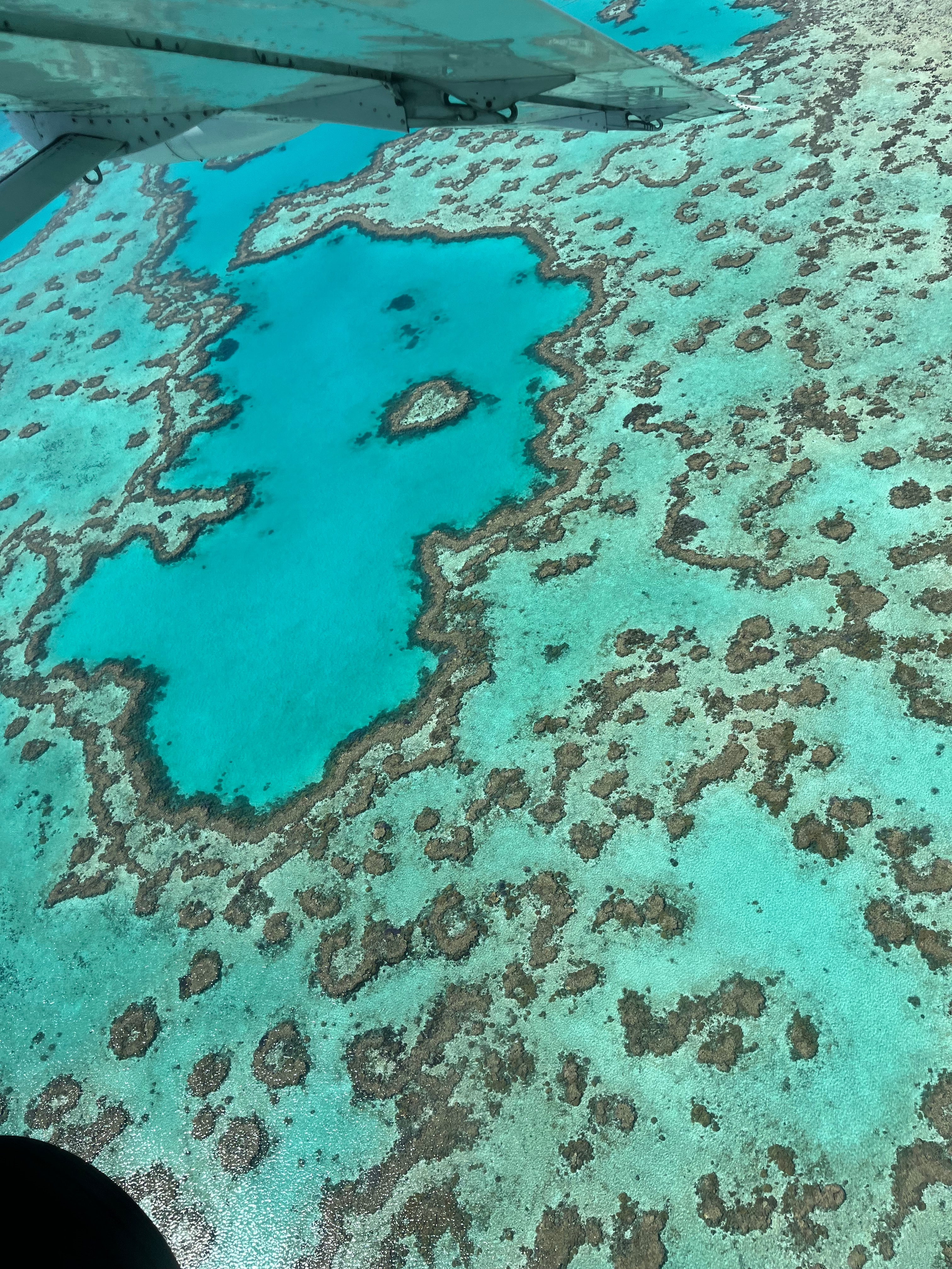 Gorgeous aerial view of a turquoise ocean with coral reef and rocks visible below the surface