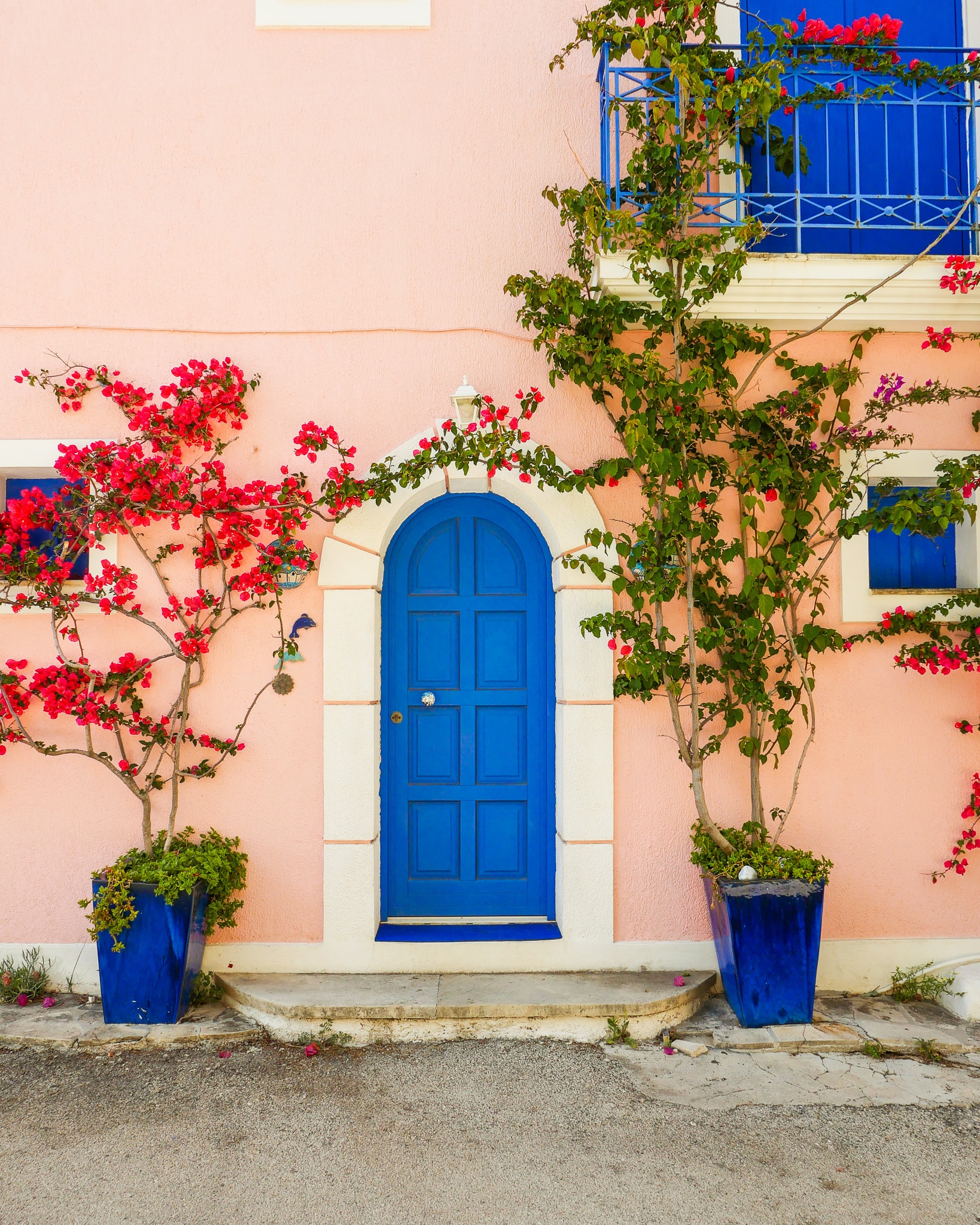 A bright blue door against a light pink building with pink flowers and a vine plant growing up the wall on either side