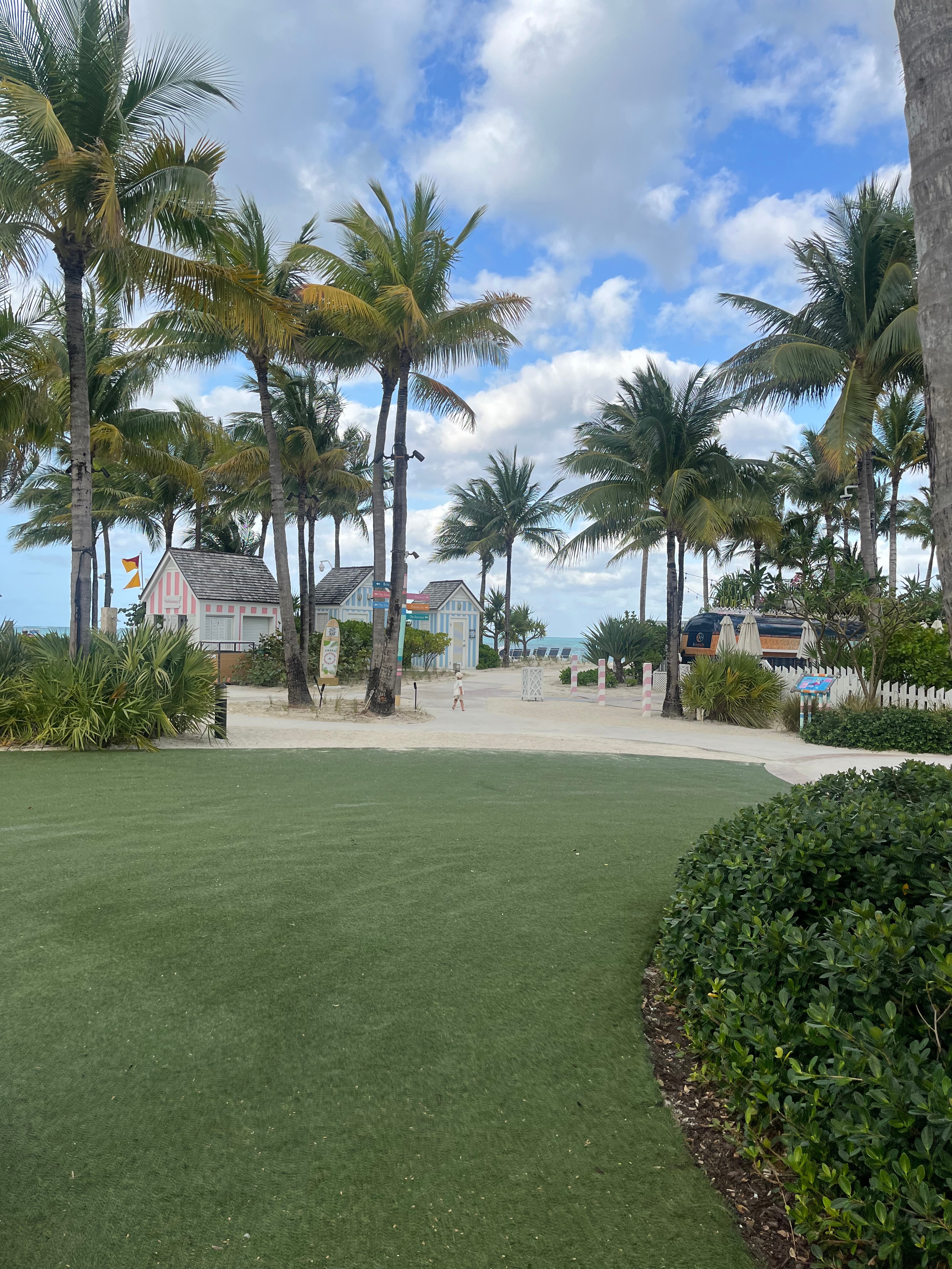 A green lawn with palm trees and small white buildings in the distance.